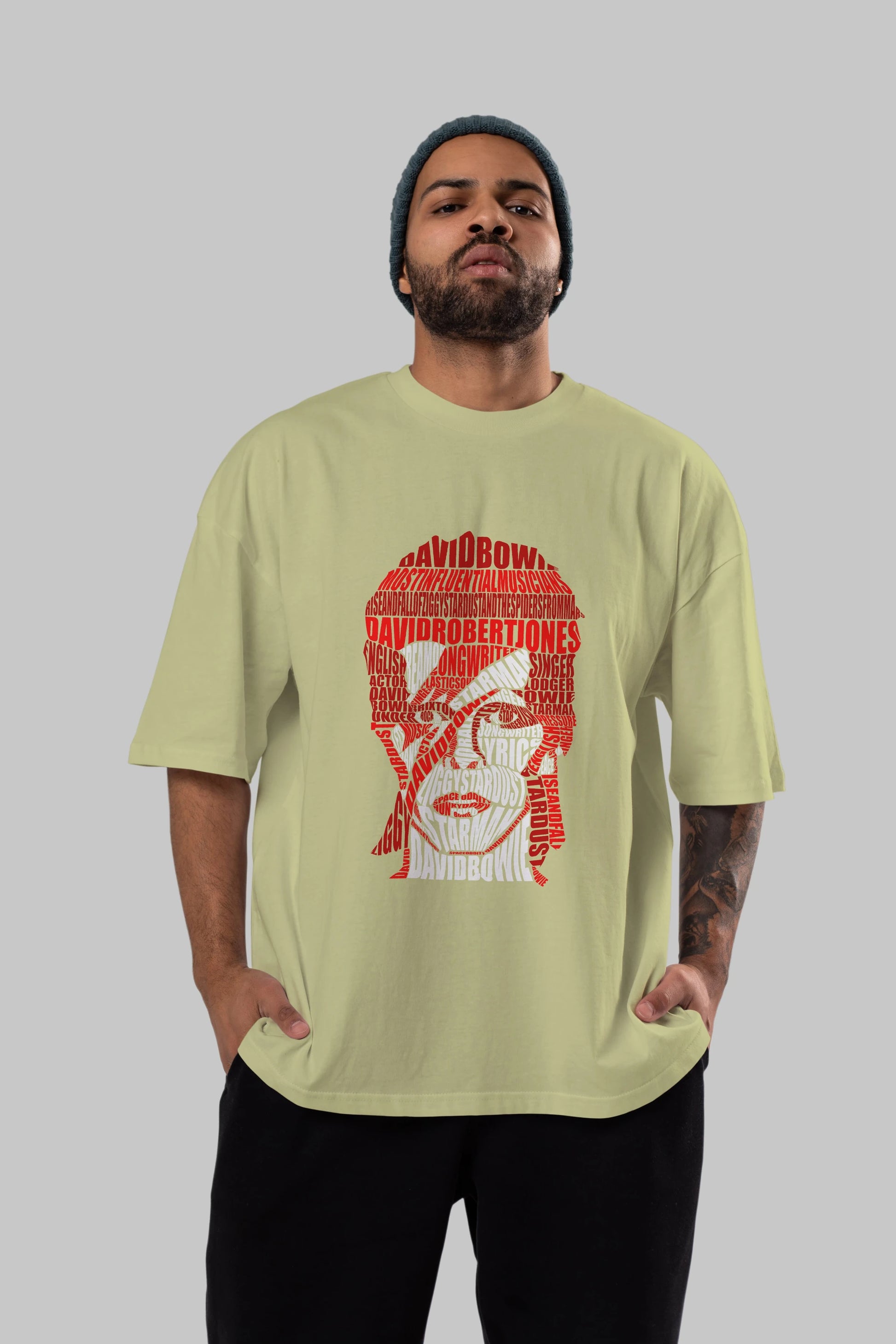 David Bowie Calligram Ön Baskılı Oversize t-shirt %100 pamuk Erkek Kadın Unisex