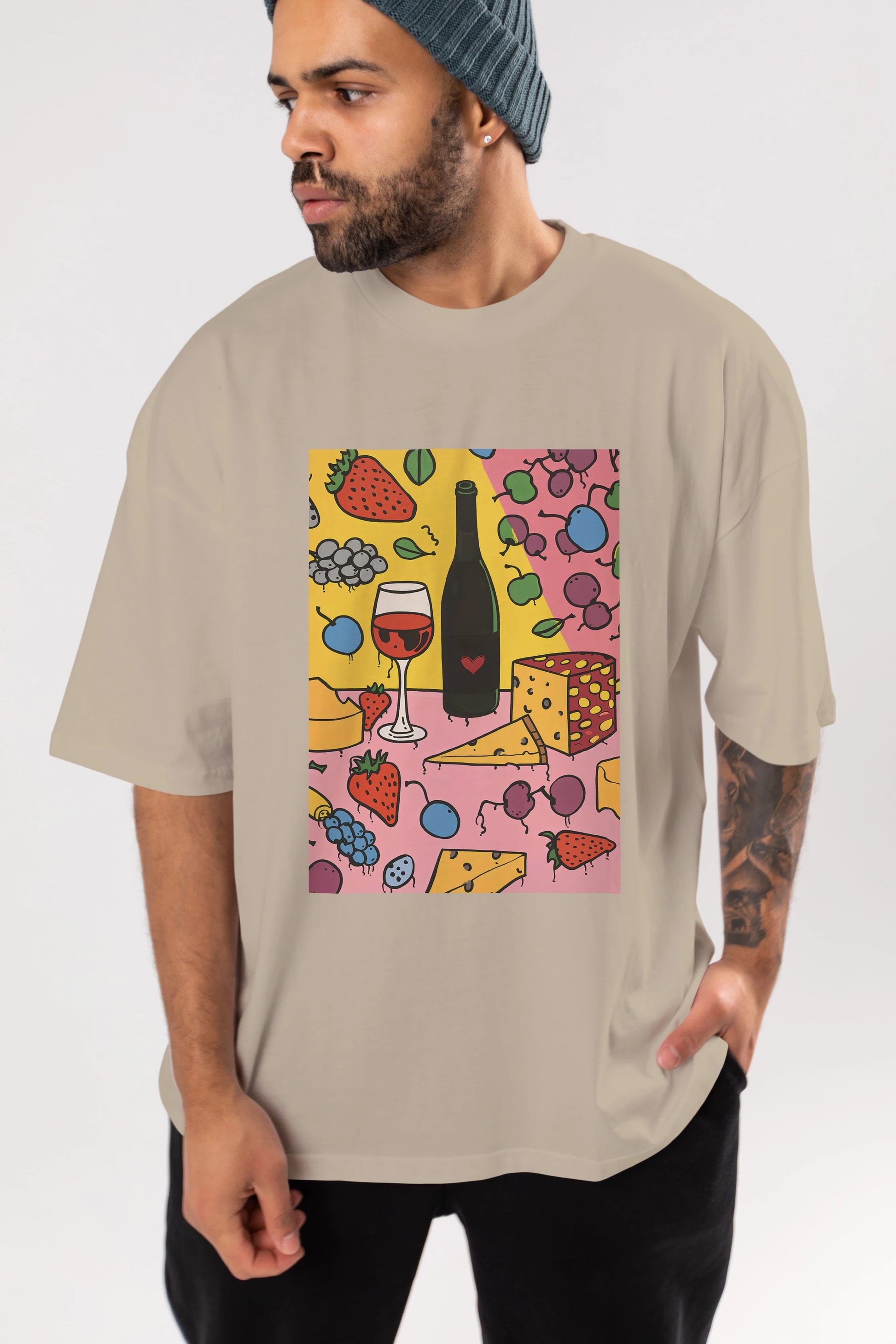 Wine Cheese Fruits Ön Baskılı Oversize t-shirt Erkek Kadın Unisex %100 Pamuk Bisiklet Yaka tişort