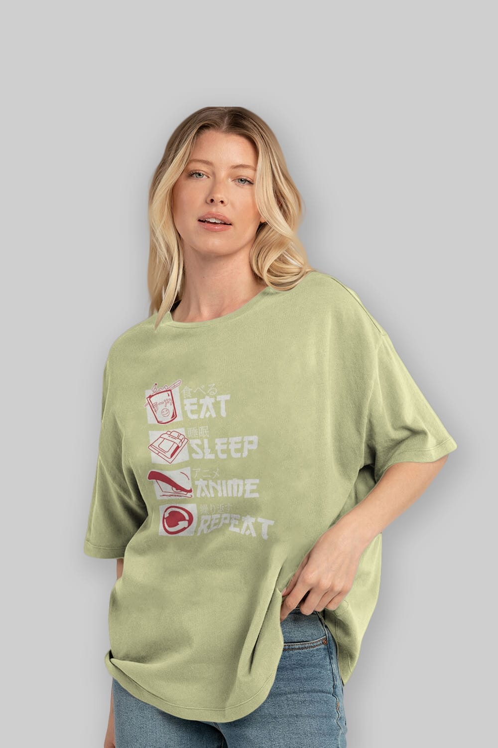 Eat, Sleep, Anime, Repeat Anime Ön Baskılı Oversize t-shirt %100 pamuk Erkek Kadın Unisex