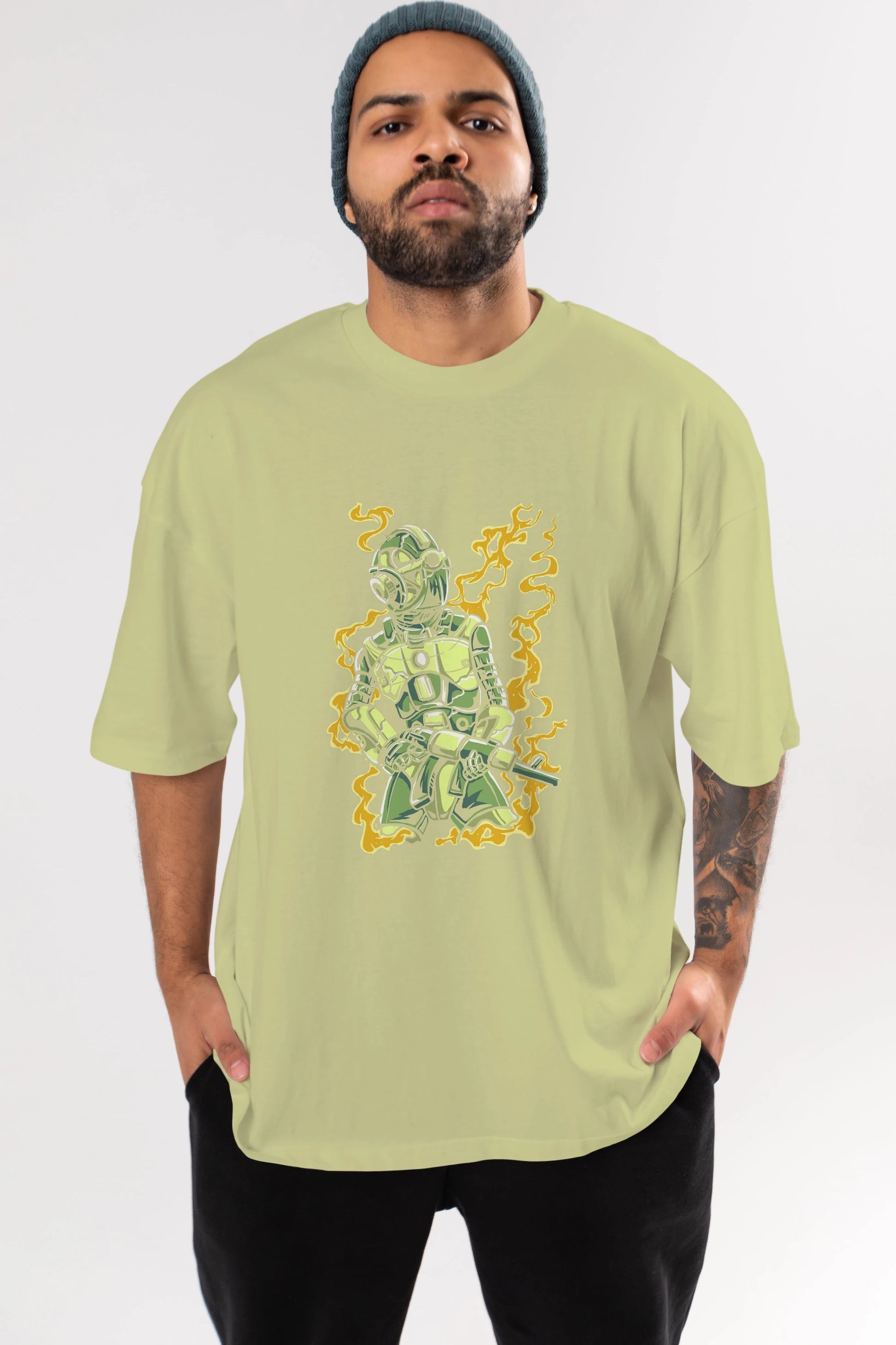Robot Soldier Ön Baskılı Oversize t-shirt Erkek Kadın Unisex %100 Pamuk tişort