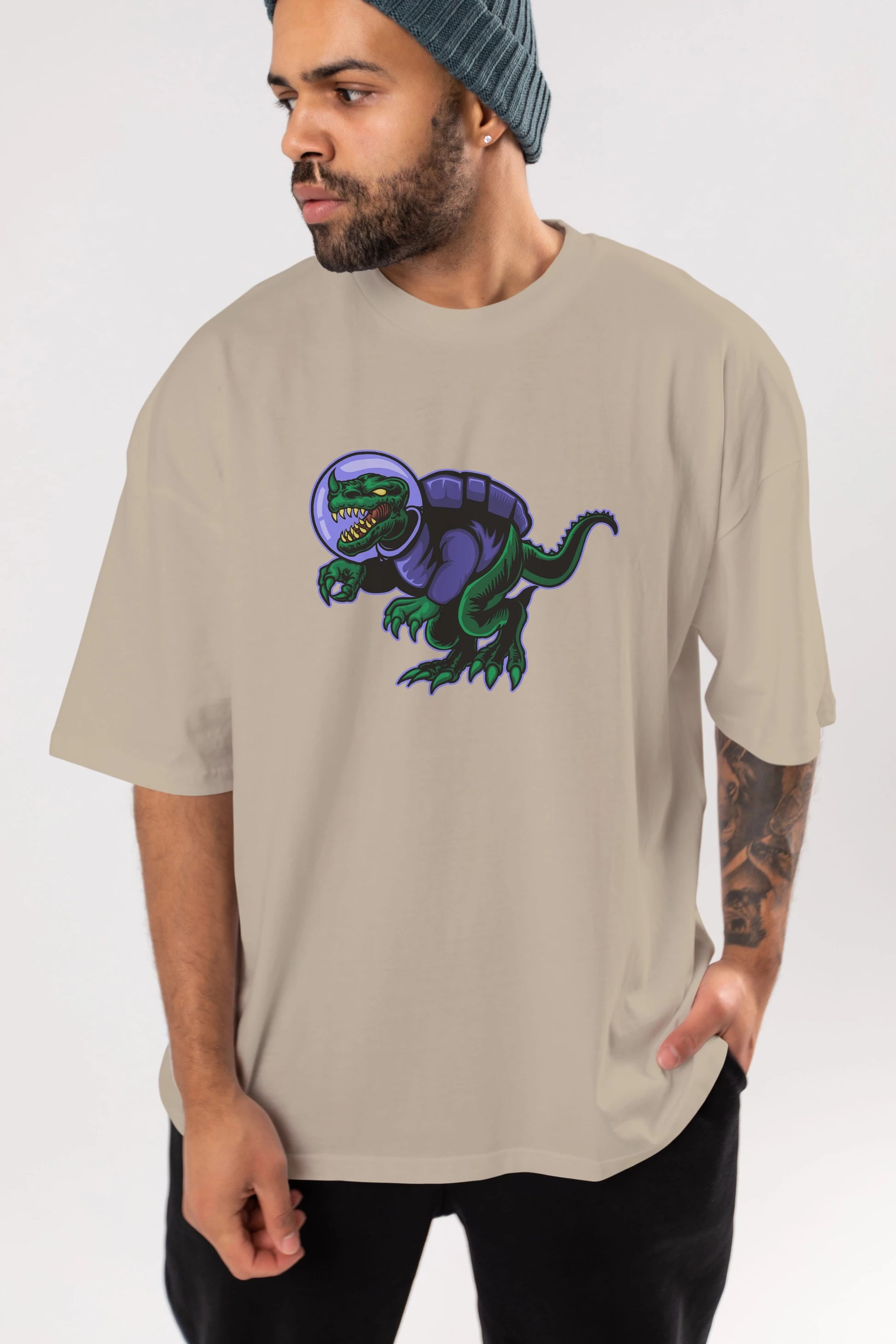 Space Dino Ön Baskılı Oversize t-shirt Erkek Kadın Unisex