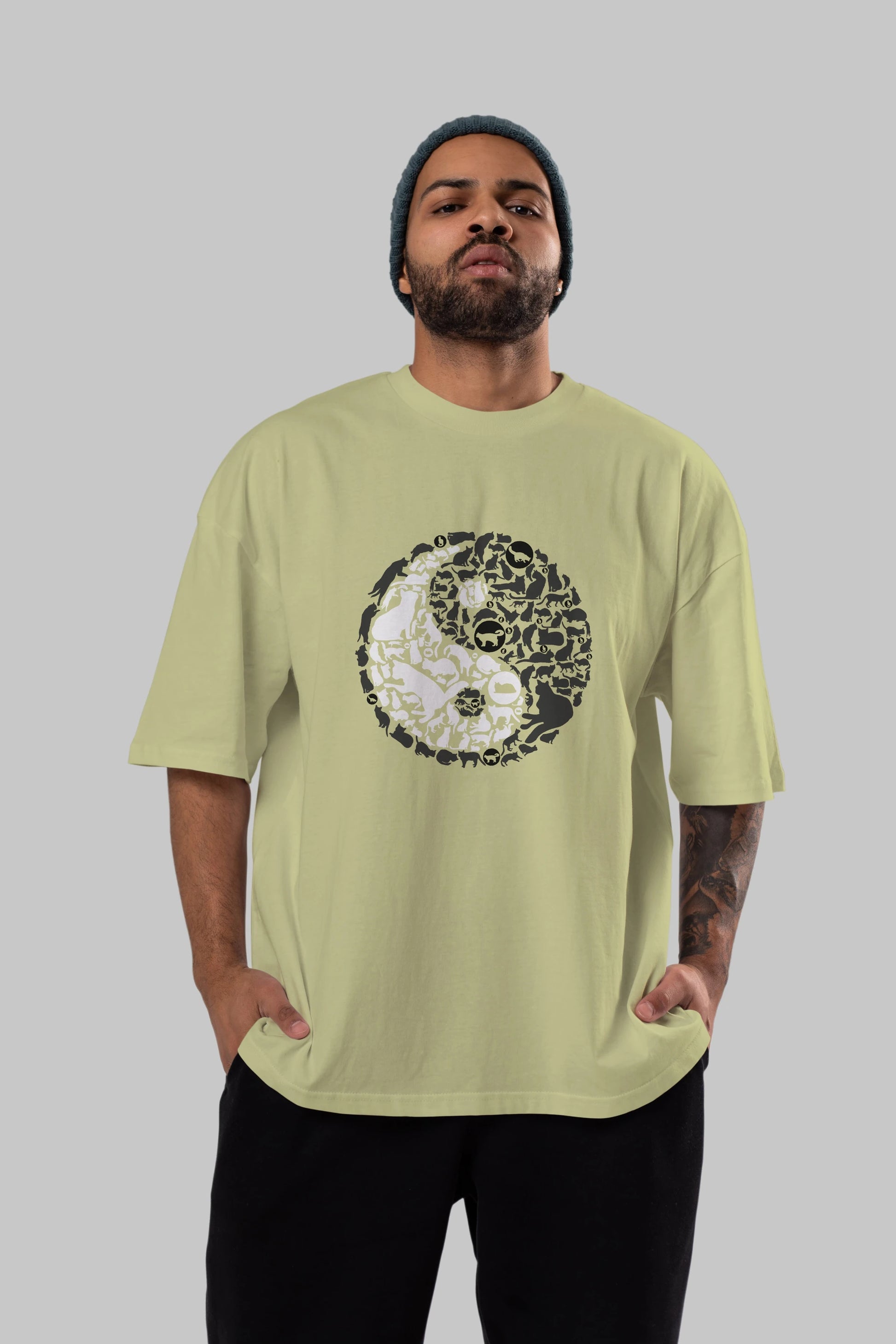 YinYang Cats Ön Baskılı Oversize t-shirt %100 pamuk Erkek Kadın Unisex