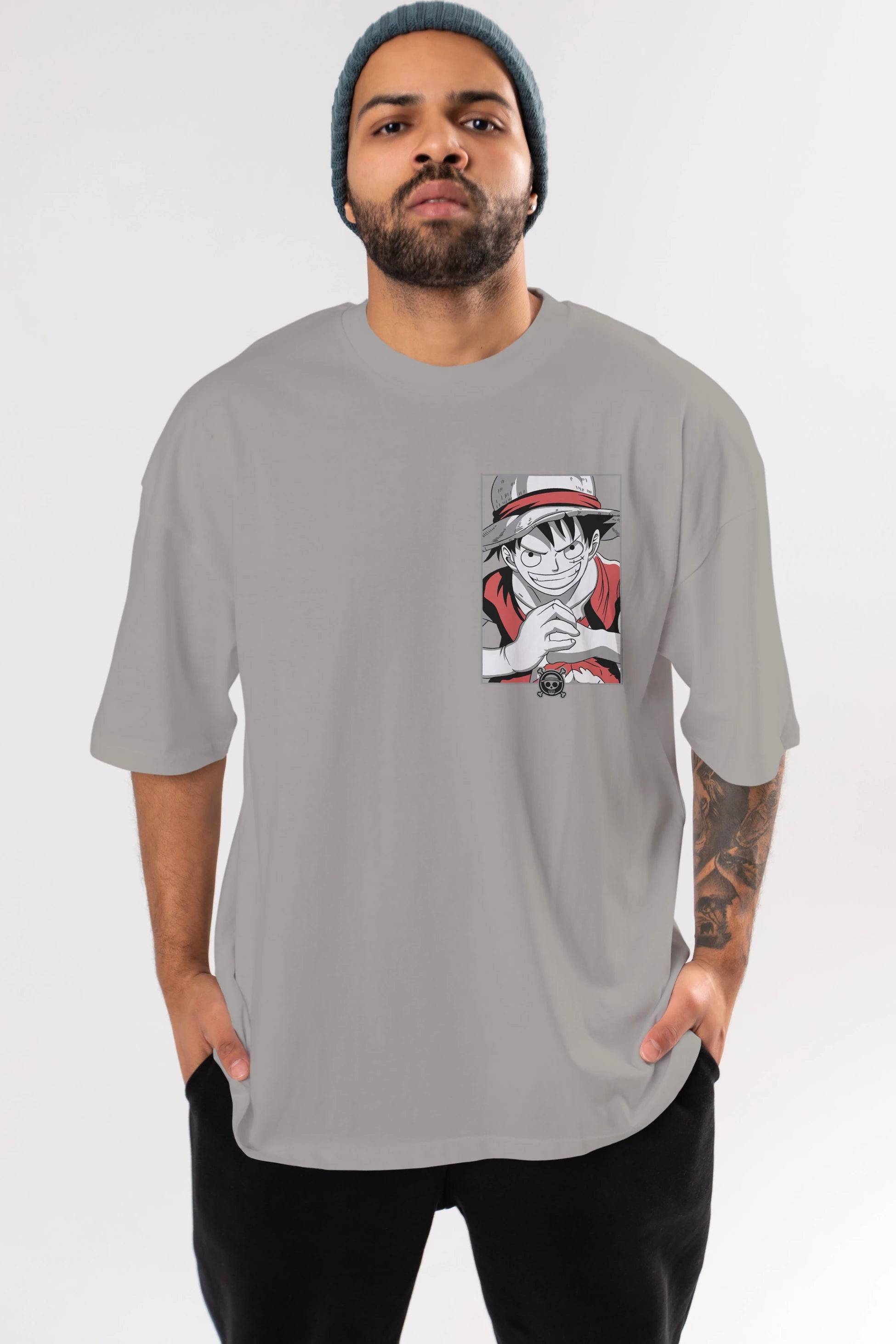 LUFF D. MONKEY OnePiece Ön Sol Baskılı Oversize t-shirt Erkek Kadın Unisex %100 Pamuk Bisiklet Yaka tişort