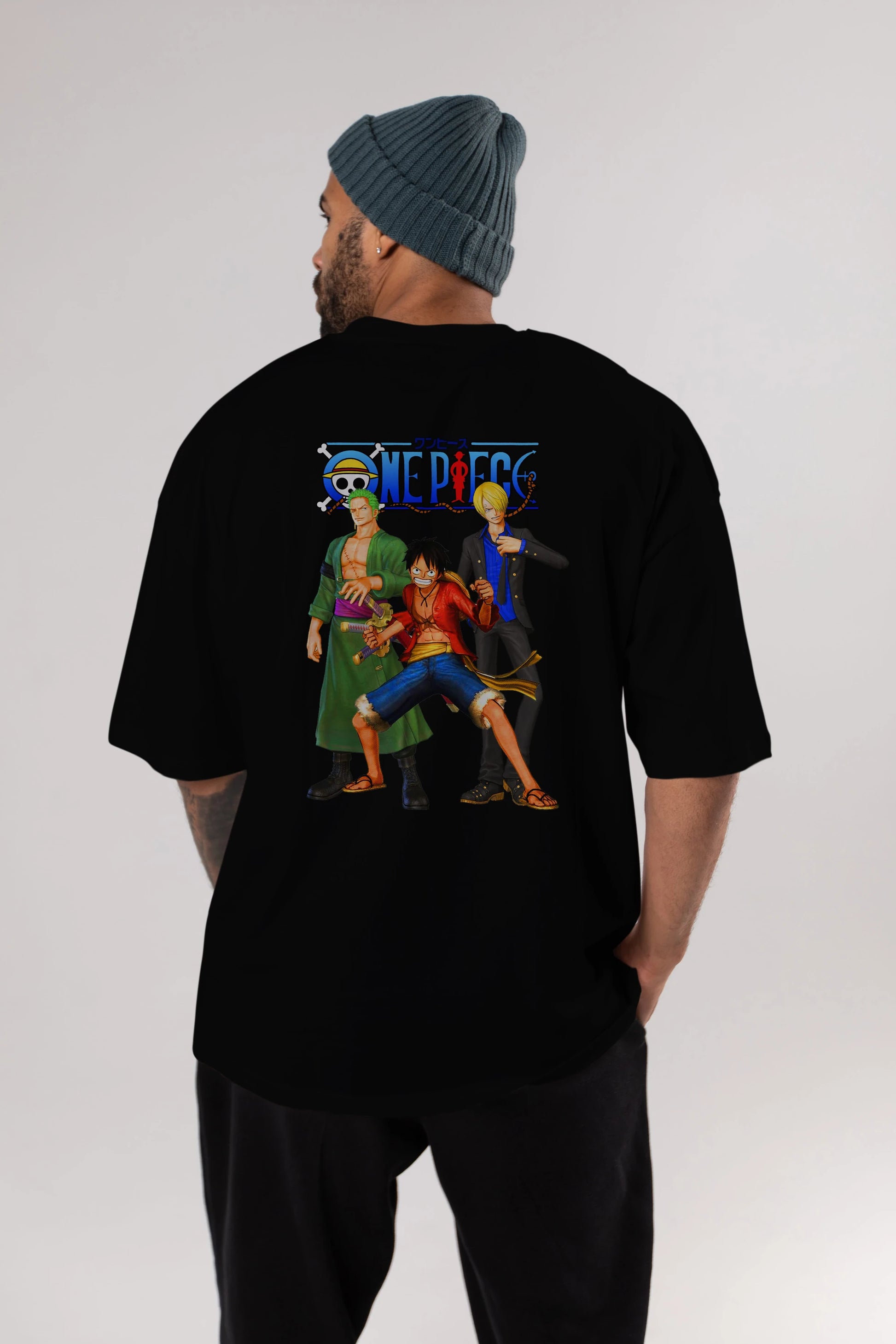 Luffy Sanji Zoro Anime Arka Baskılı Oversize t-shirt Erkek Kadın Unisex %100 pamuk tişort