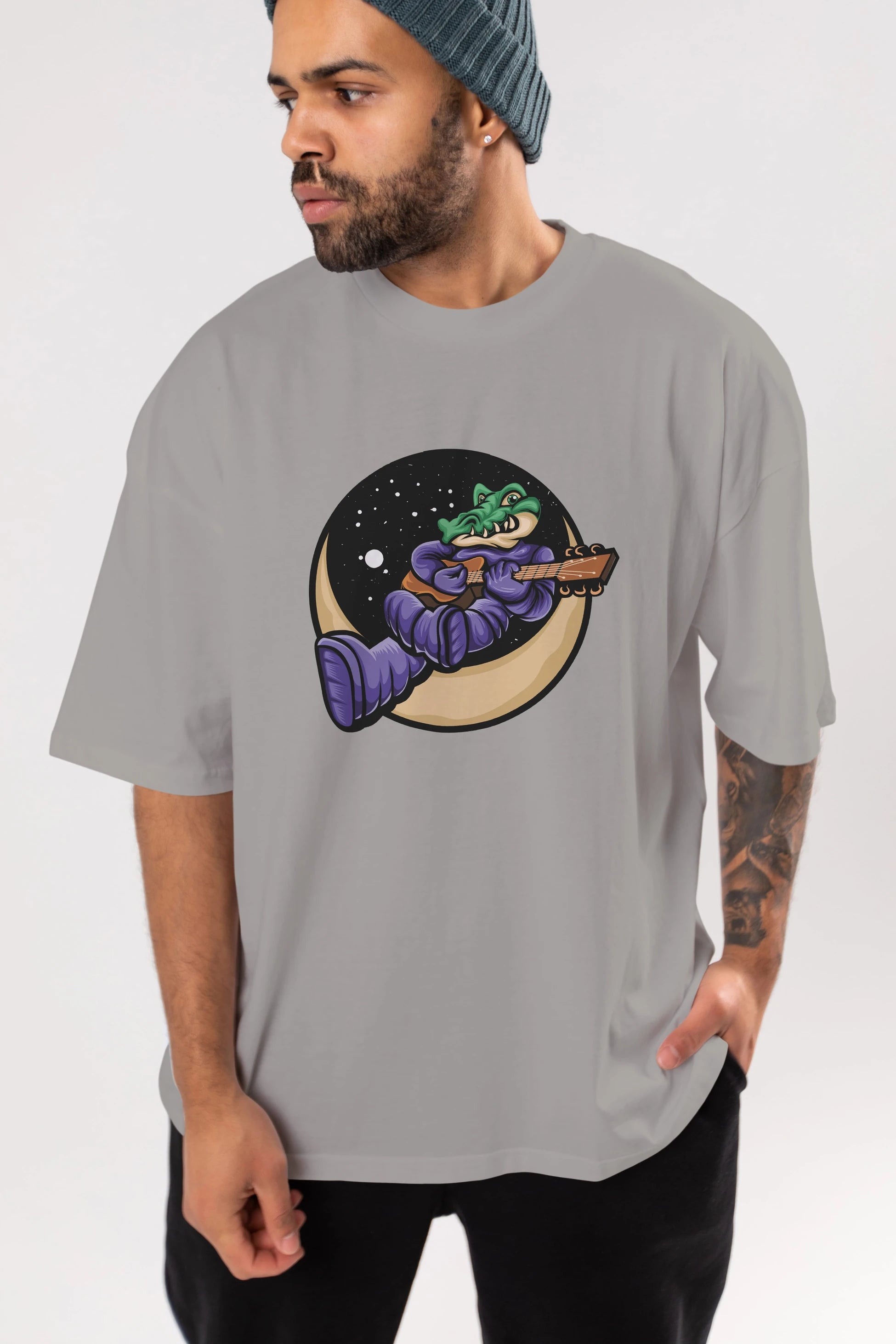 Space Crocodile Ön Baskılı Oversize t-shirt Erkek Kadın Unisex