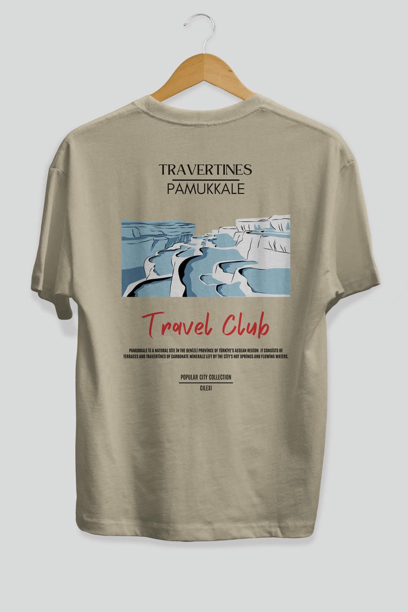 Travertines Pamukkale Arka Baskılı Oversize t-shirt Erkek Kadın Pamuk Bisiklet Yaka tişort