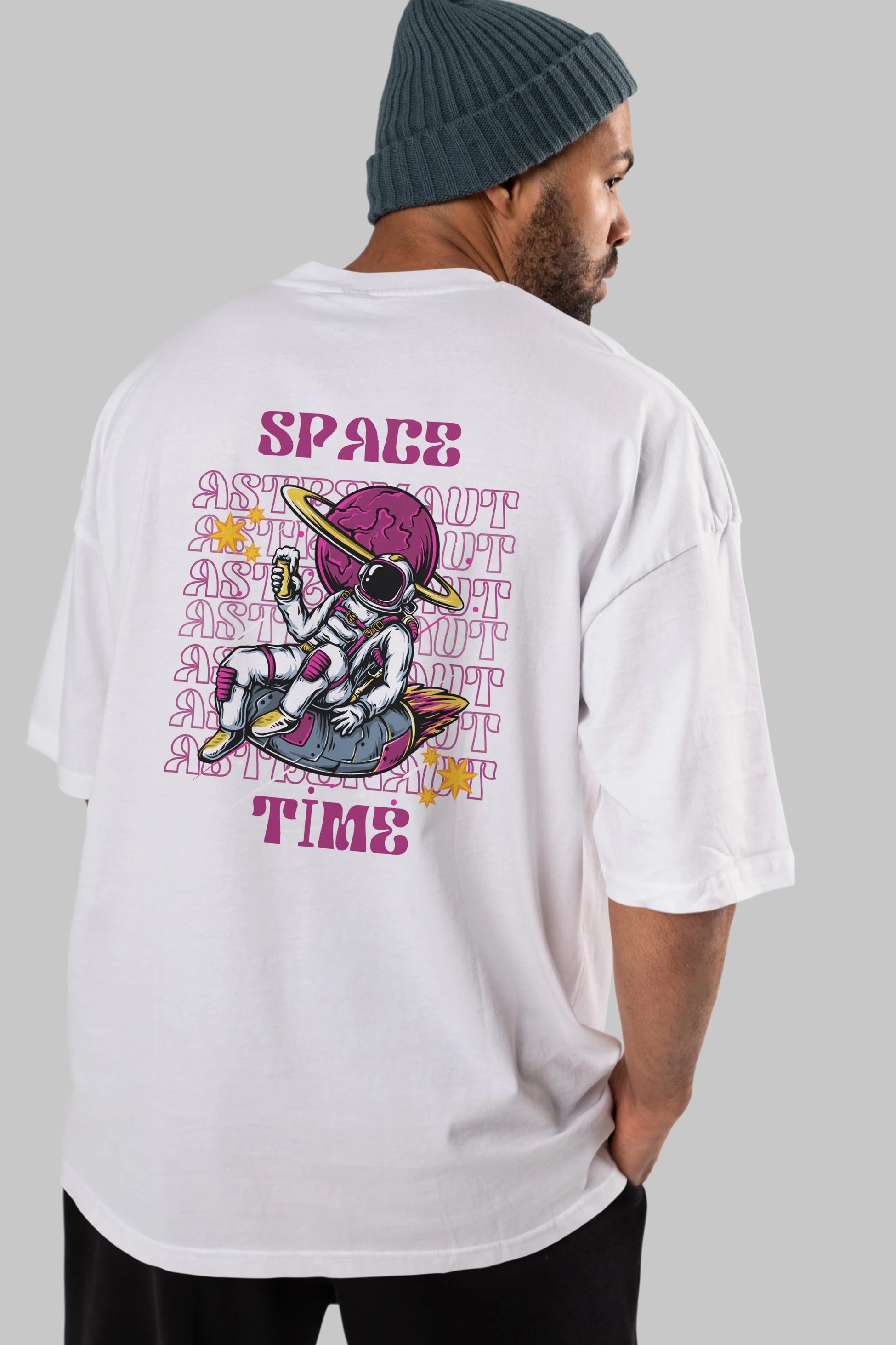 Space Time Astronaut Yazılı Arka Baskılı Oversize t-shirt Erkek Kadın Unisex