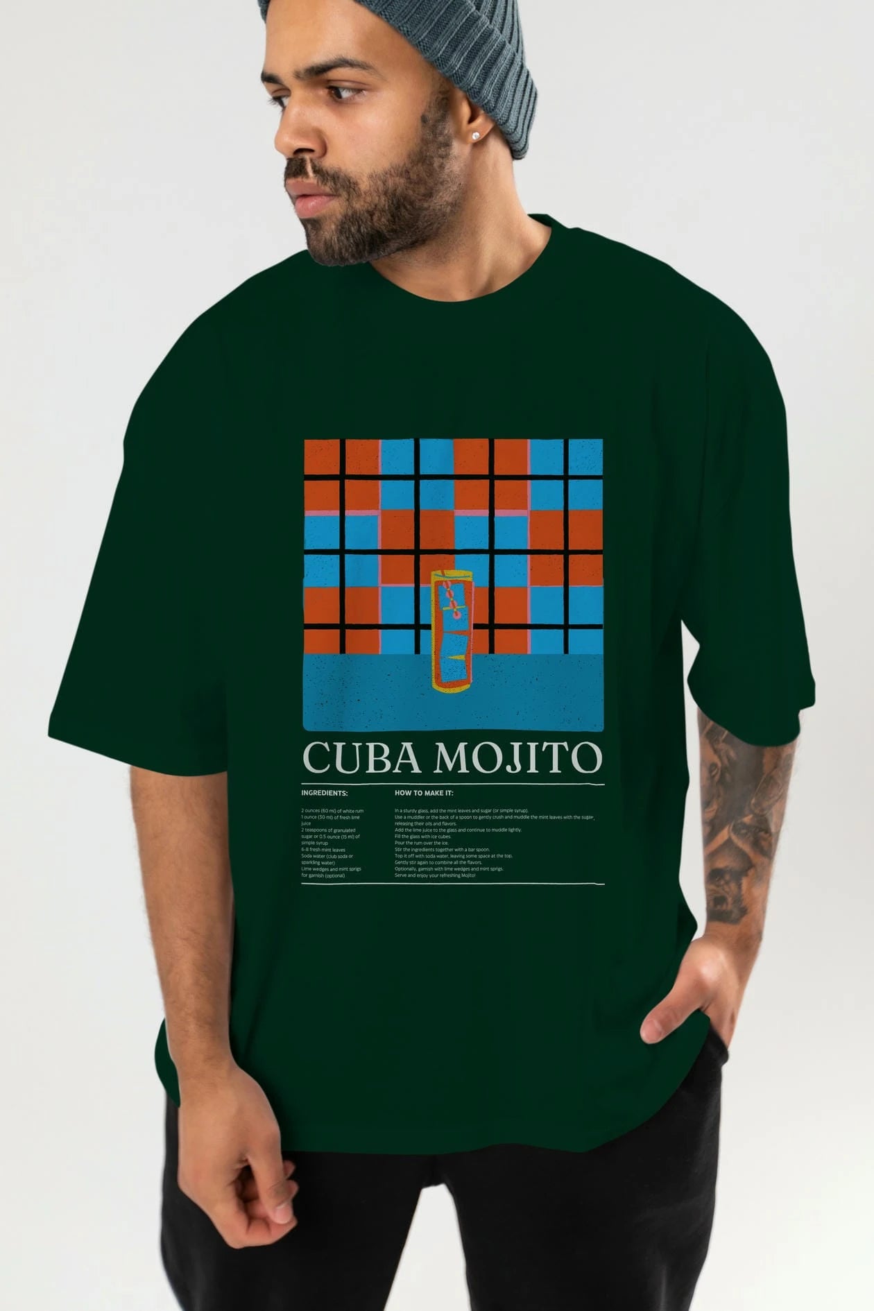 Cuba Mojito Kokteyl Ön Baskılı Oversize t-shirt Erkek Kadın %100 Pamuk Bisiklet Yaka tişort