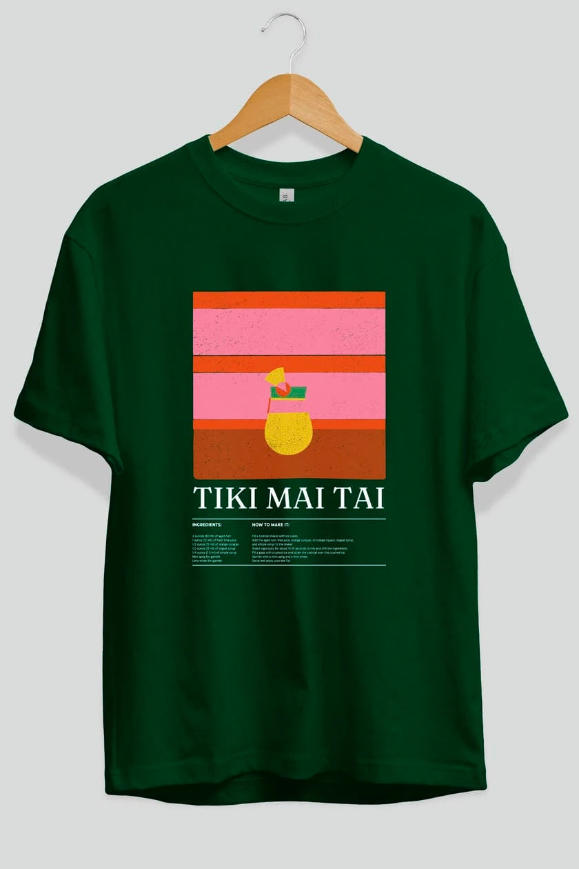 Tiki Mai Tai Kokteyl Ön Baskılı Oversize t-shirt Erkek Kadın %100 Pamuk Bisiklet Yaka tişort