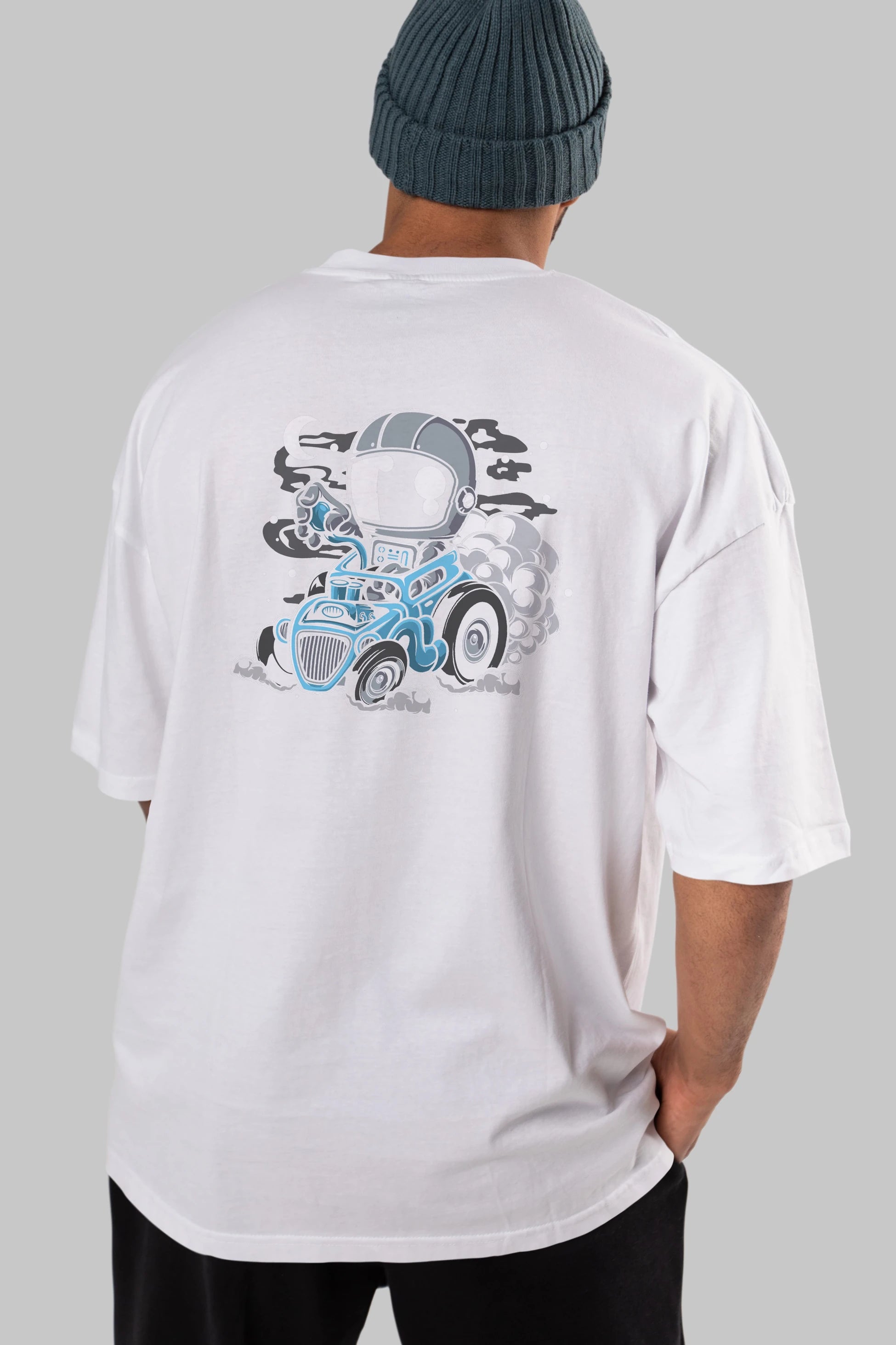 Astronaut Hotrod Arka Baskılı Oversize t-shirt Erkek Kadın Unisex