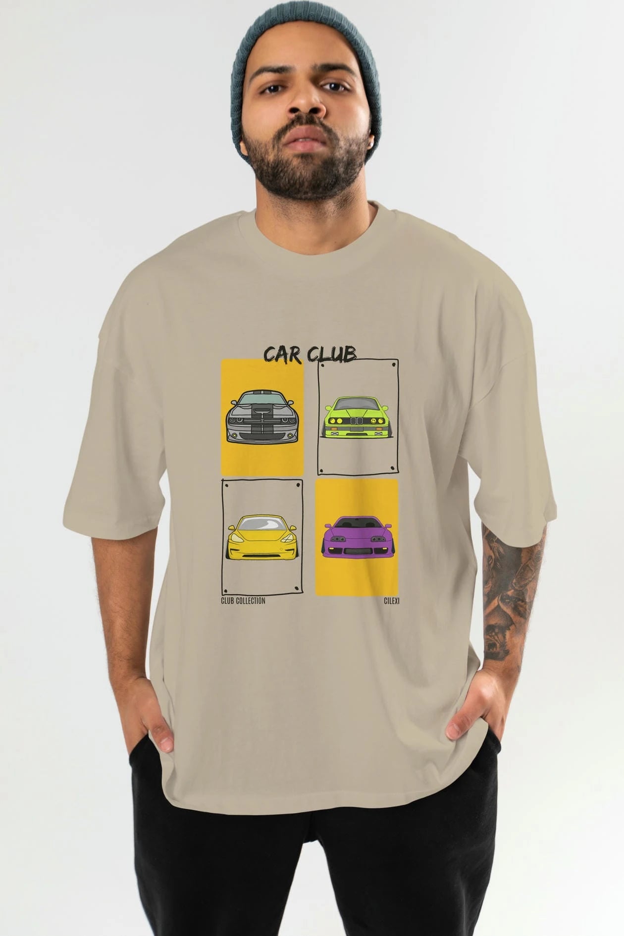 Car Club ön Baskılı Oversize t-shirt Erkek Kadın %100 Pamuk Bisiklet Yaka tişort
