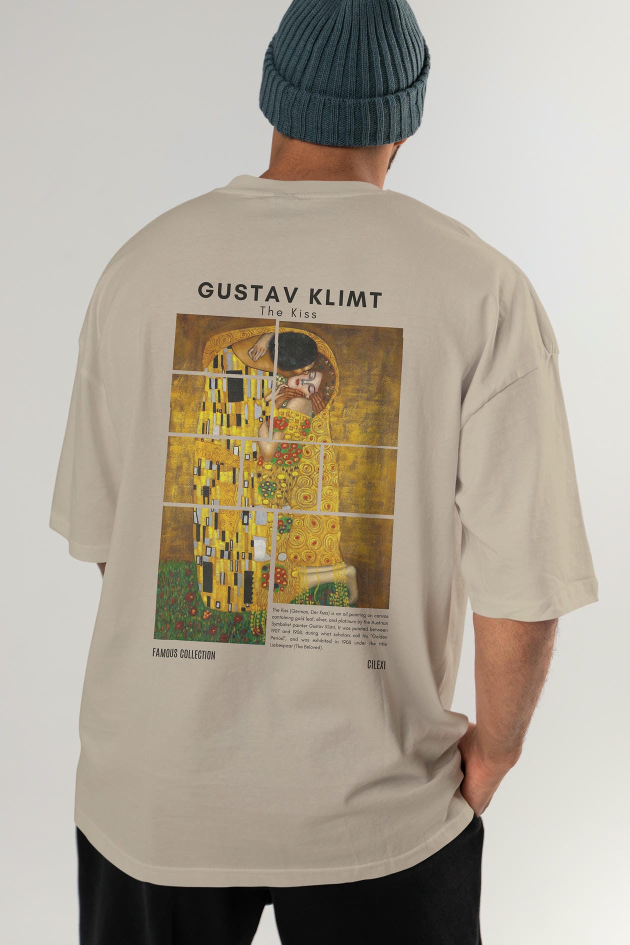 Gustav Klimt The Kiss Arka Baskılı Oversize t-shirt Erkek Kadın Bisiklet Yaka Pamuk tişort