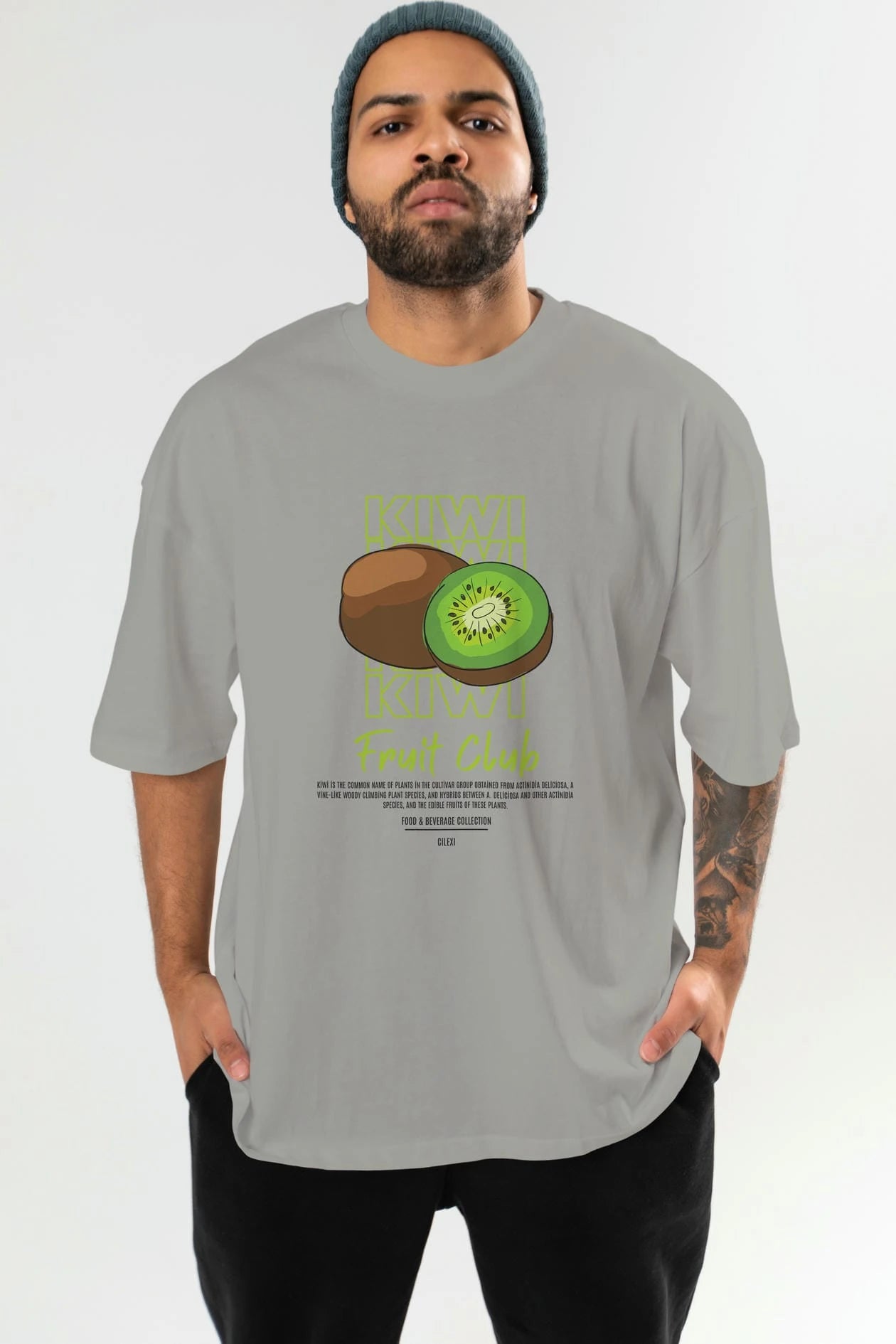 Kiwi Ön Baskılı Oversize t-shirt Erkek Kadın Pamuk Bisiklet Yaka tişort