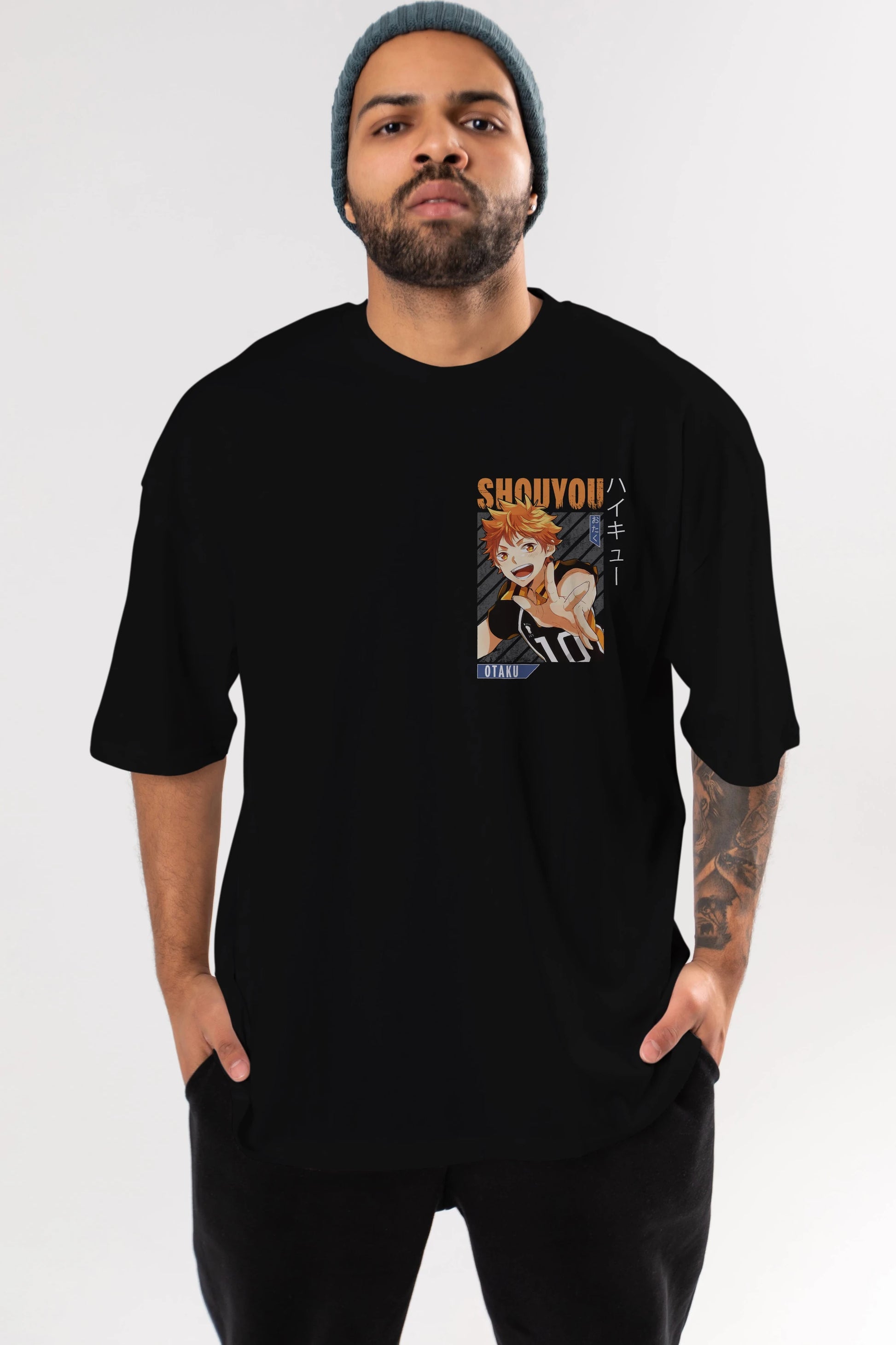 Shouyou Hinata 9 Ön Sol Baskılı Oversize t-shirt Erkek Kadın Unisex %100 Pamuk Bisiklet Yaka tişort