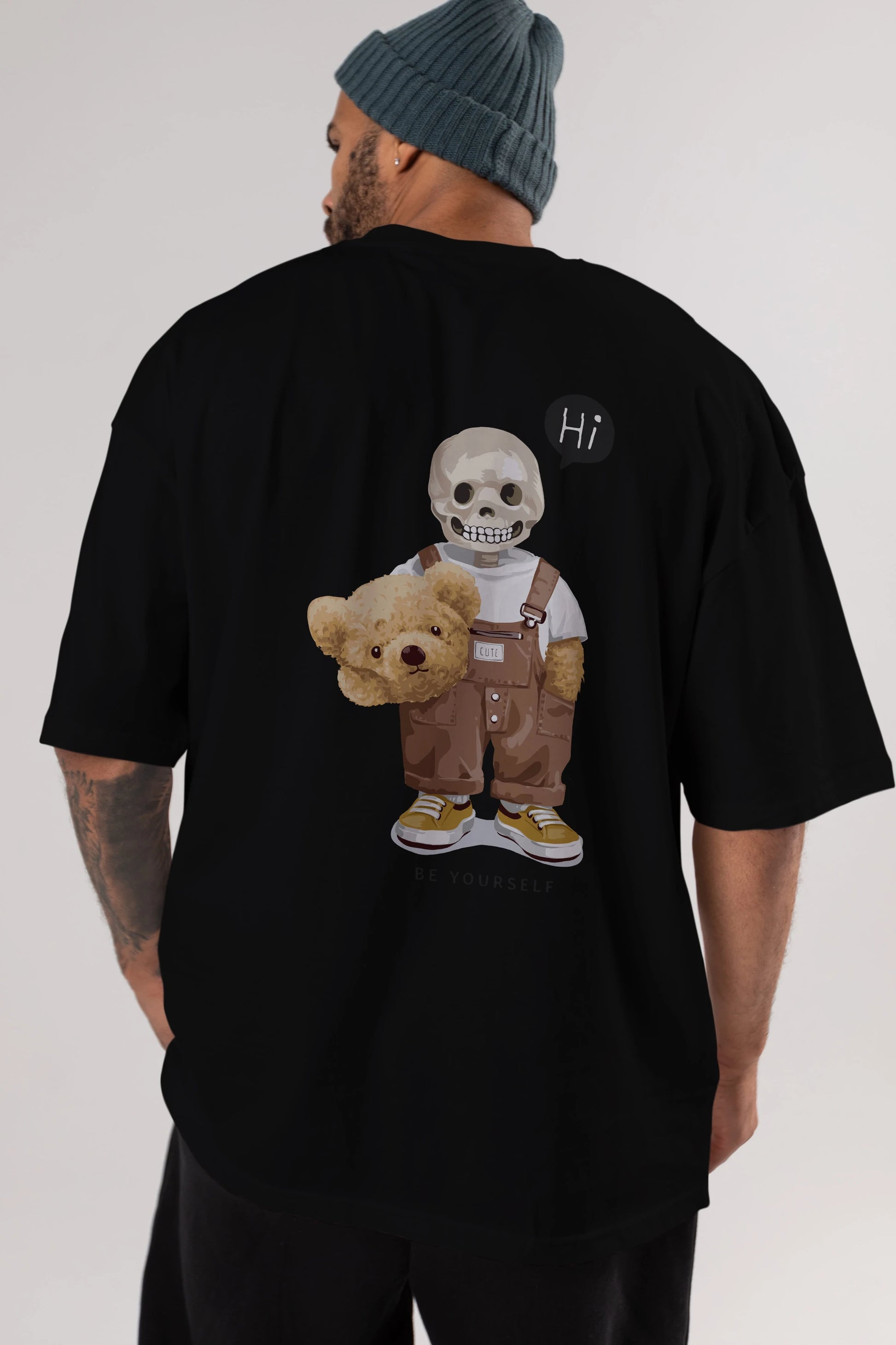 Teddy Bear hi Arka Baskılı Oversize t-shirt Erkek Kadın Unisex %100 Pamuk