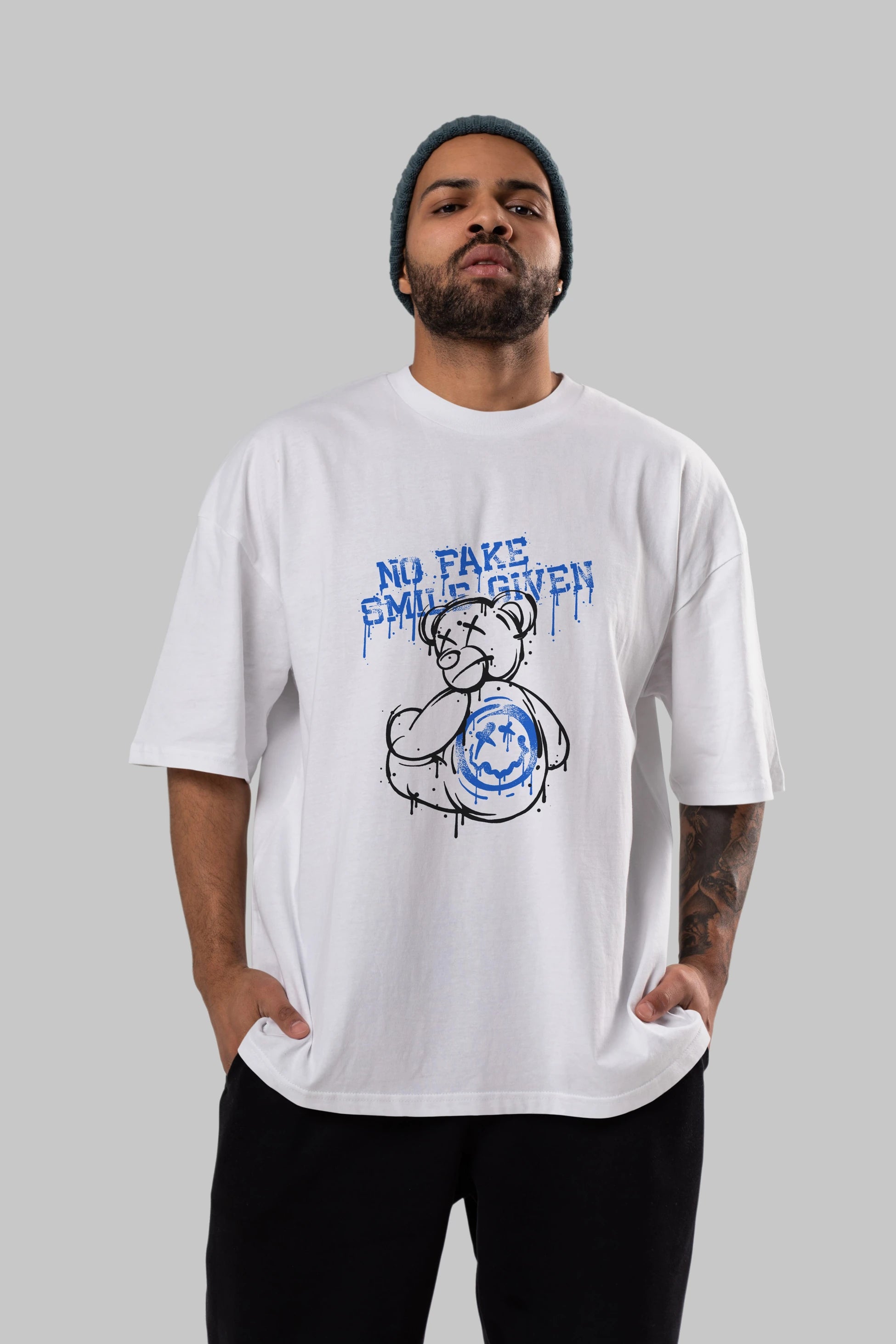 No Fake Smile Given Bear Ön Baskılı Oversize t-shirt Erkek Kadın Unisex
