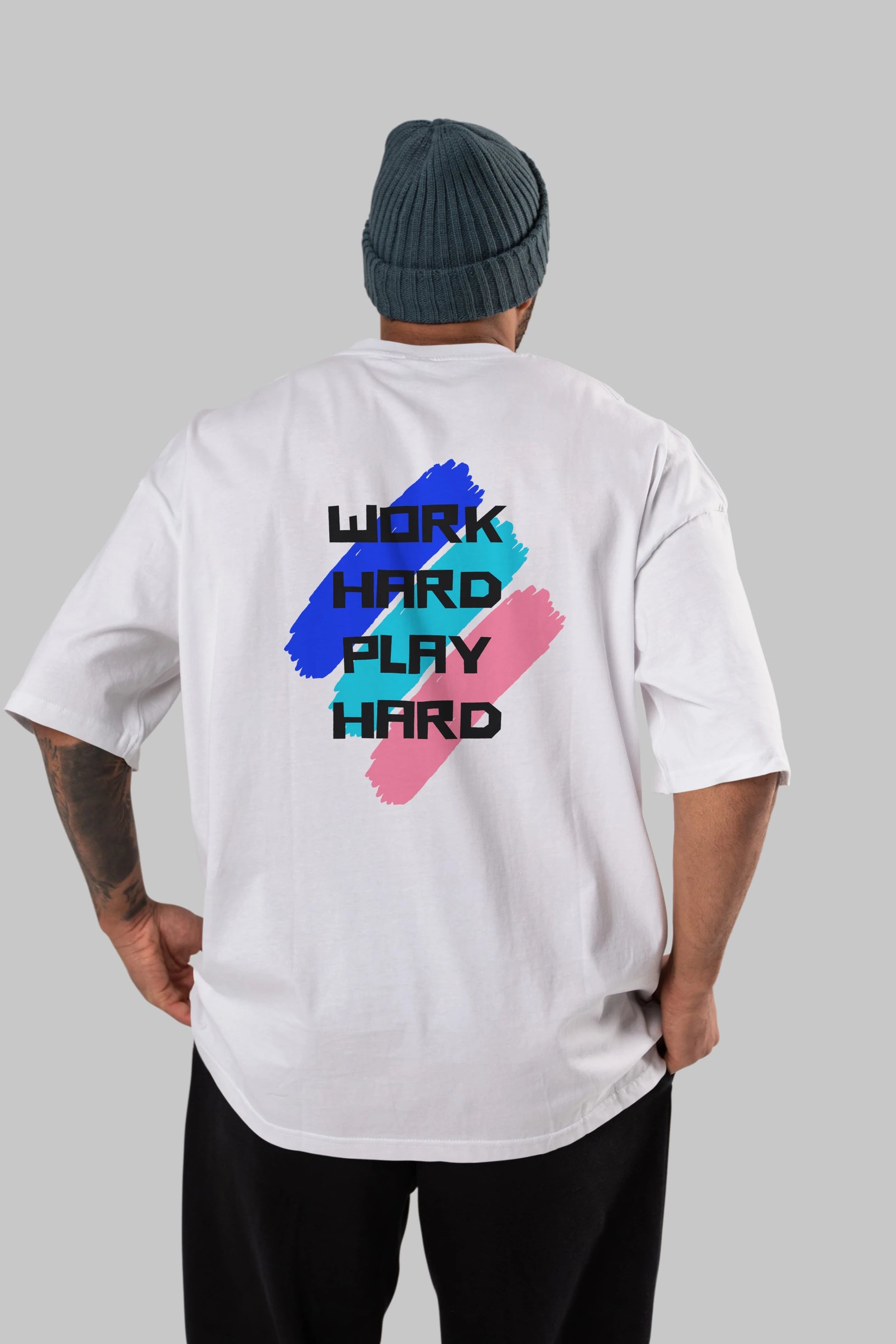 Work Hard Play Hard 2 Arka Baskılı Oversize t-shirt Erkek Kadın Unisex