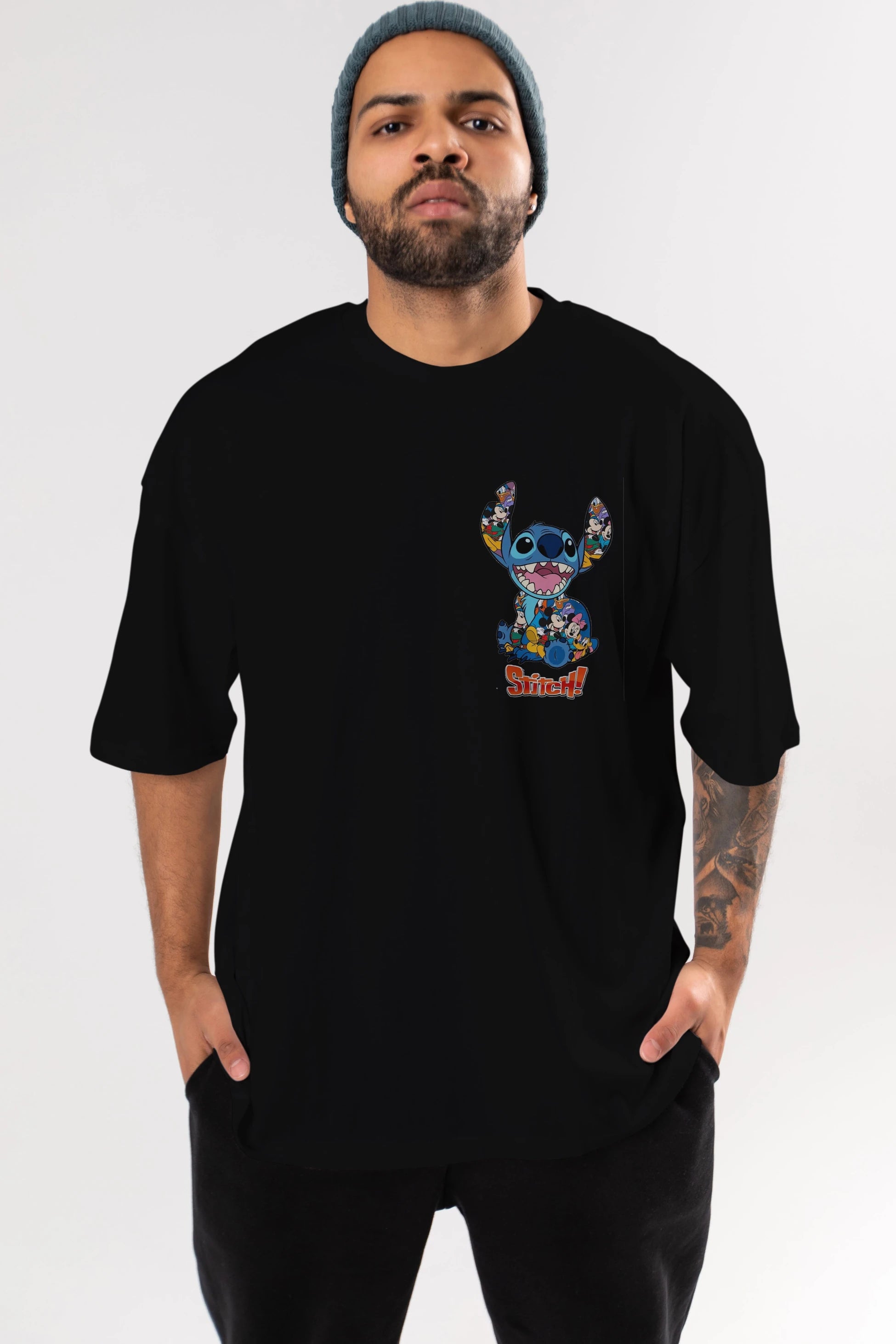 Stitch Ön Sol Baskılı Oversize t-shirt Erkek Kadın Unisex %100 Pamuk Bisiklet Yaka tişort