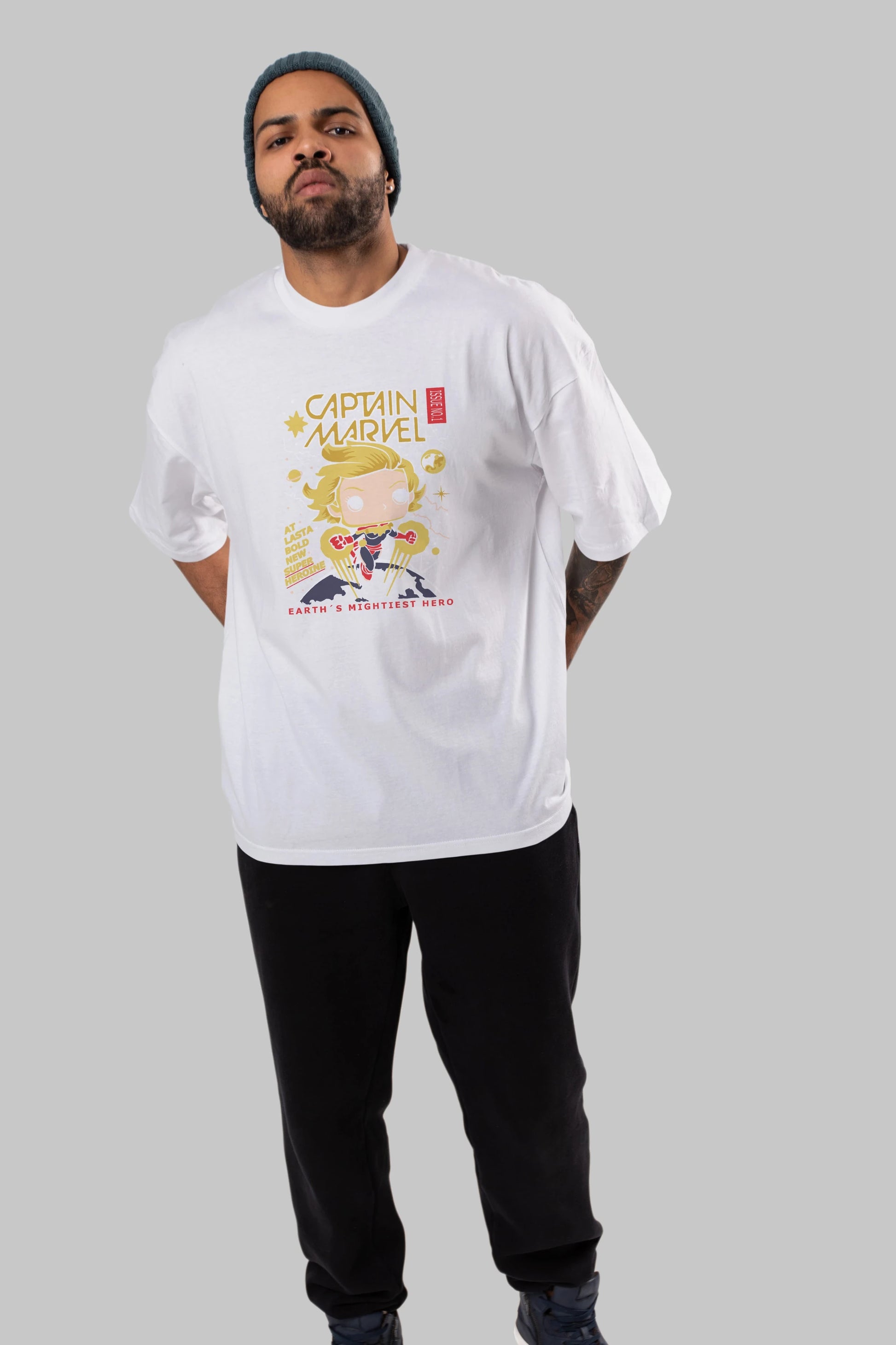 Captain Marvel Ön Baskılı Oversize t-shirt Erkek Kadın Unisex %100 Pamuk Bisiklet Yaka tişort