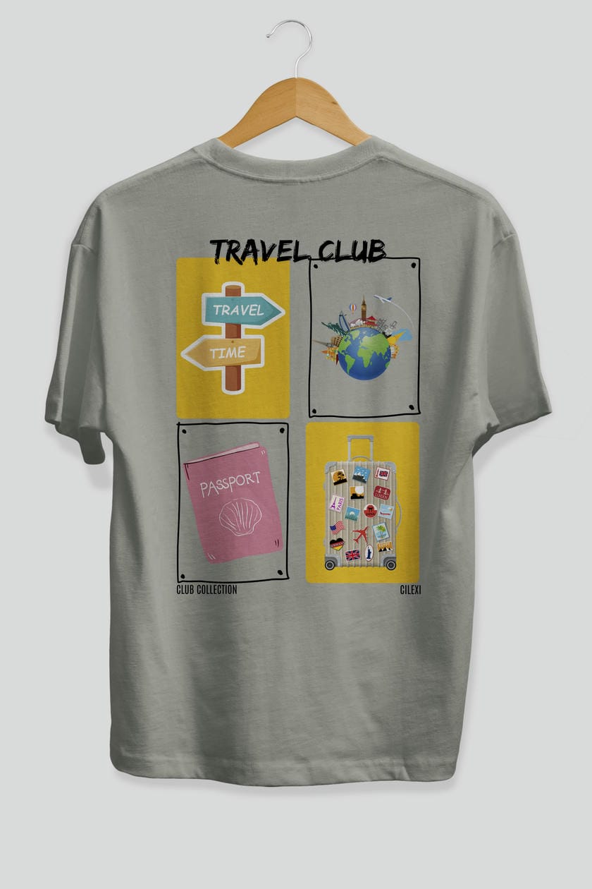 Travel Club Arka Baskılı Oversize t-shirt Erkek Kadın %100 Pamuk Bisiklet Yaka tişort