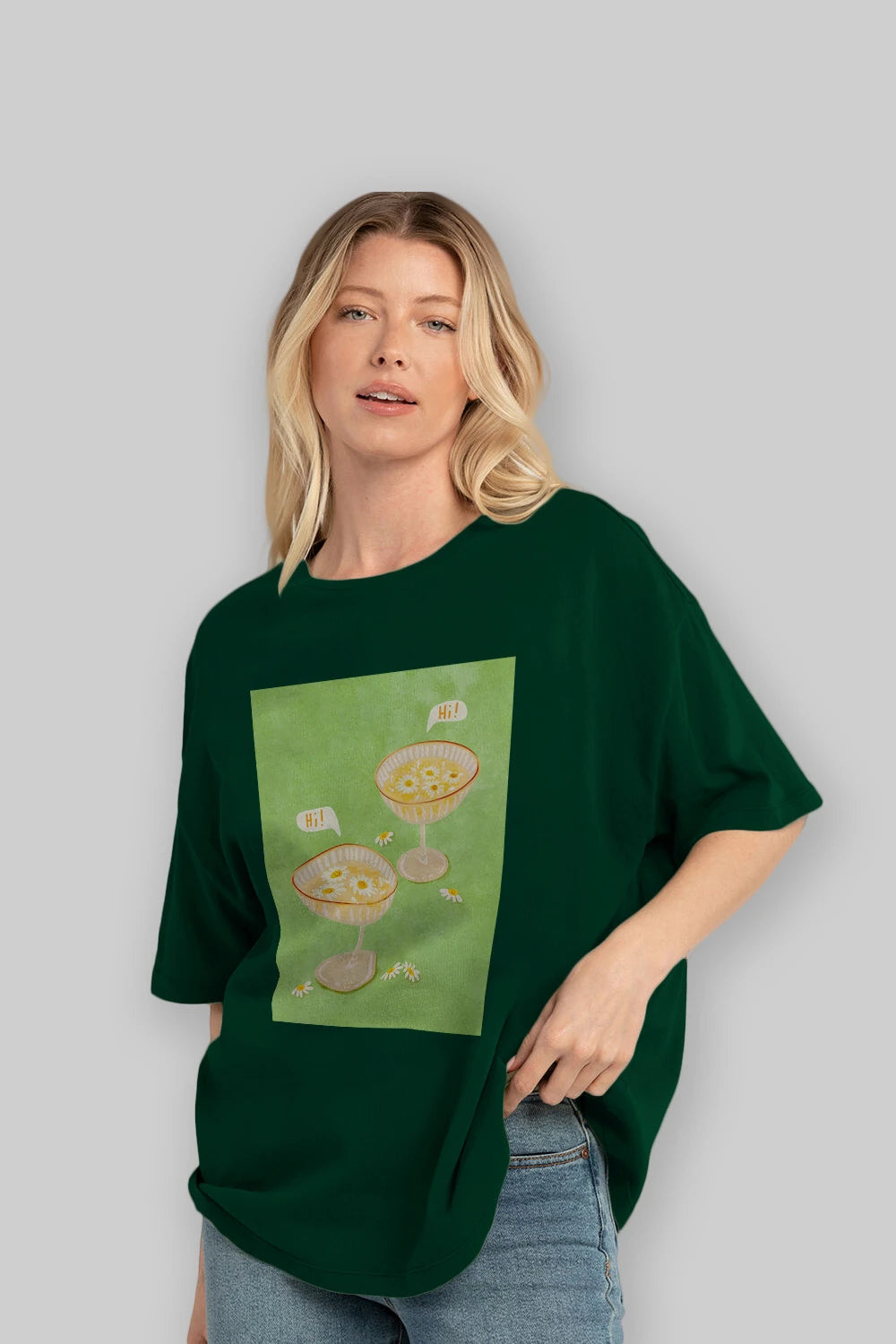 Hi Cheers Ön Baskılı Oversize t-shirt Erkek Kadın Unisex %100 Pamuk Bisiklet Yaka tişort