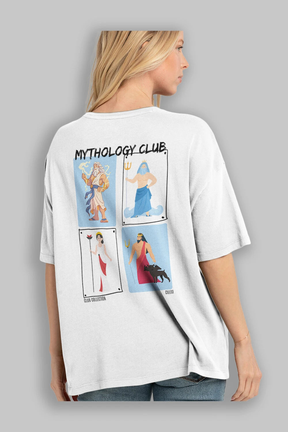 Mythology Club 2 Arka Baskılı Oversize t-shirt Erkek Kadın %100 Pamuk Bisiklet Yaka tişort