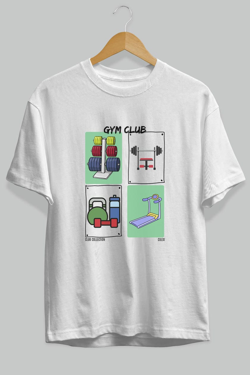 Gym Club ön Baskılı Oversize t-shirt Erkek Kadın %100 Pamuk Bisiklet Yaka tişort