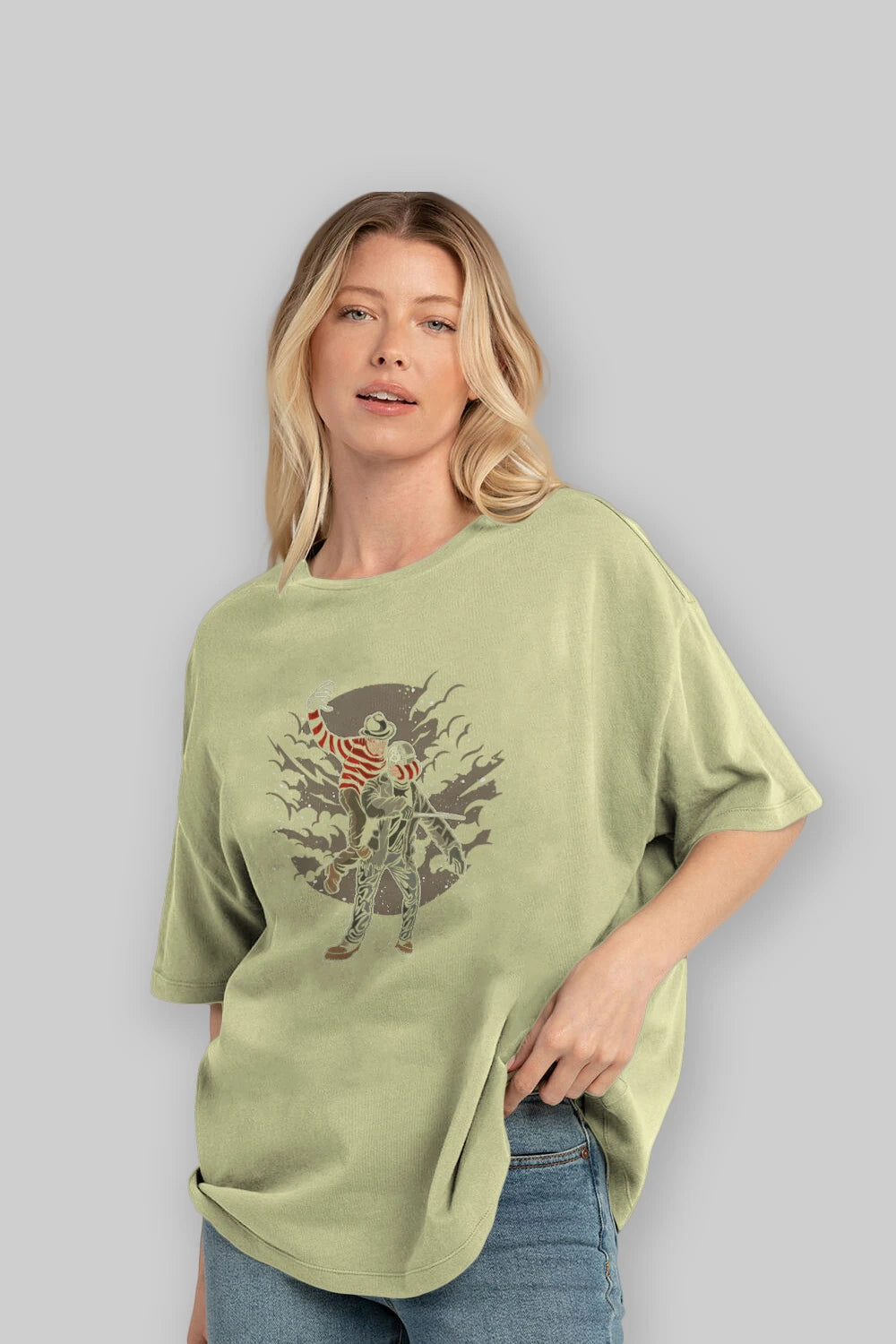 FREDDY VS JASON Ön Baskılı Oversize t-shirt Erkek Kadın Unisex %100 Pamuk tişort