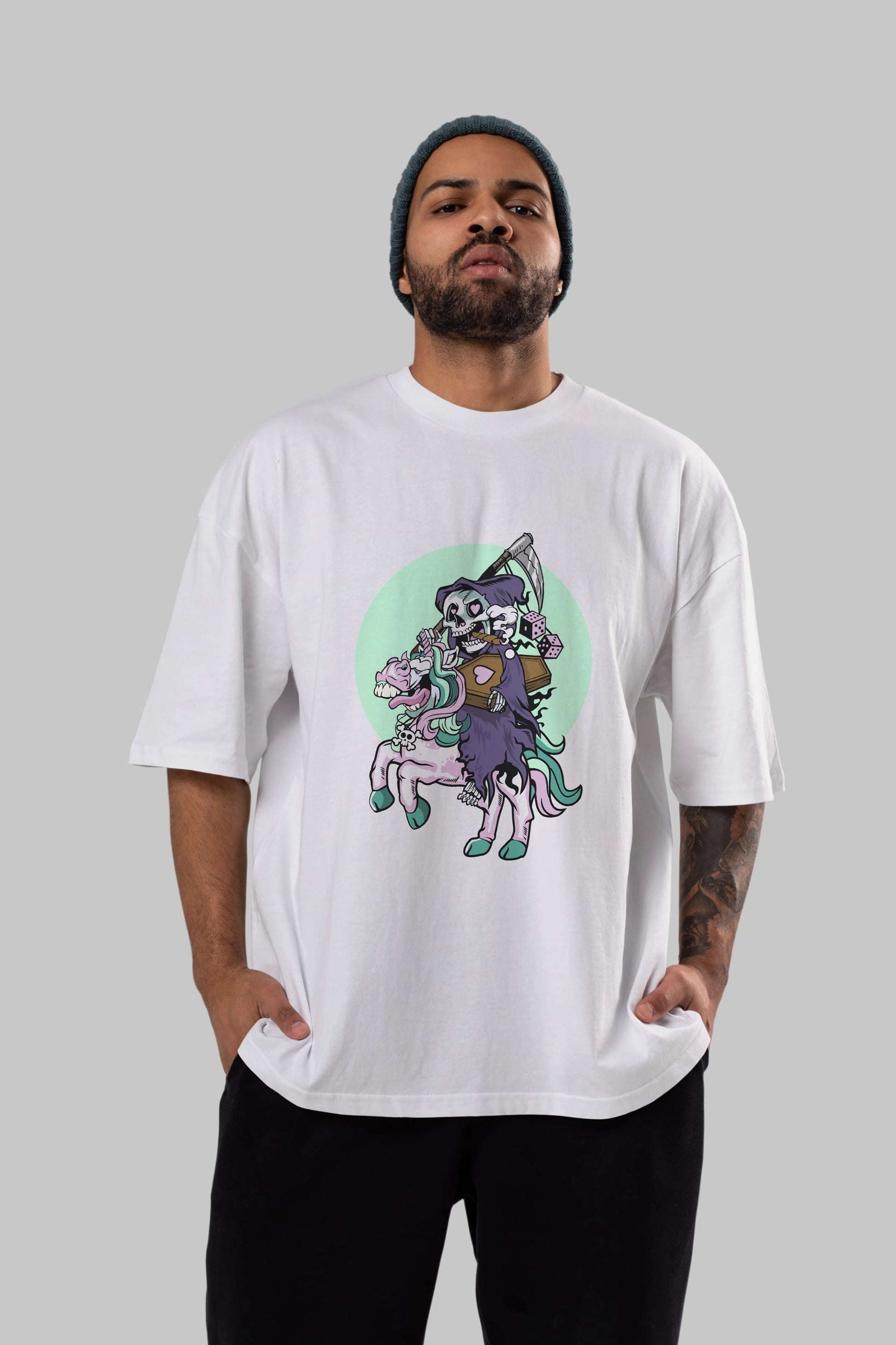 Grim Reaper Riding Unicorn Ön Baskılı Oversize t-shirt Erkek Kadın Unisex %100 Pamuk tişort