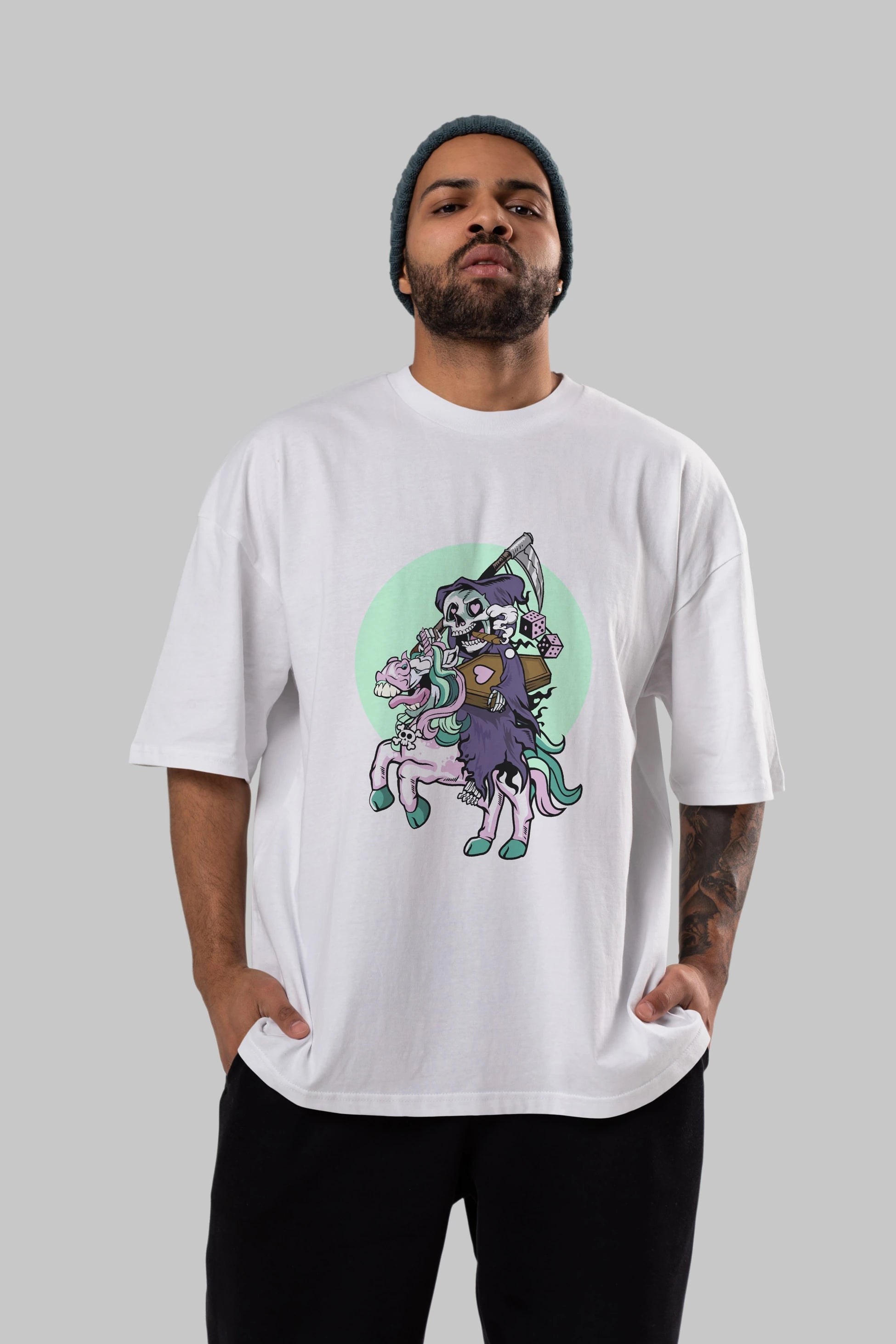 Grim Reaper Riding Unicorn Ön Baskılı Oversize t-shirt Erkek Kadın Unisex %100 Pamuk tişort