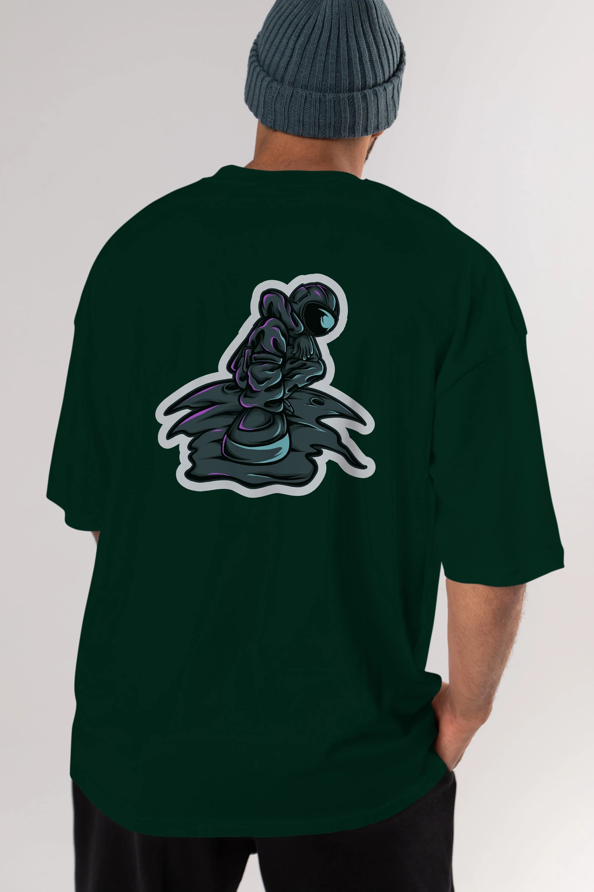 Stylish Astronaut Sticker Arka Baskılı Oversize t-shirt Erkek Kadın Unisex