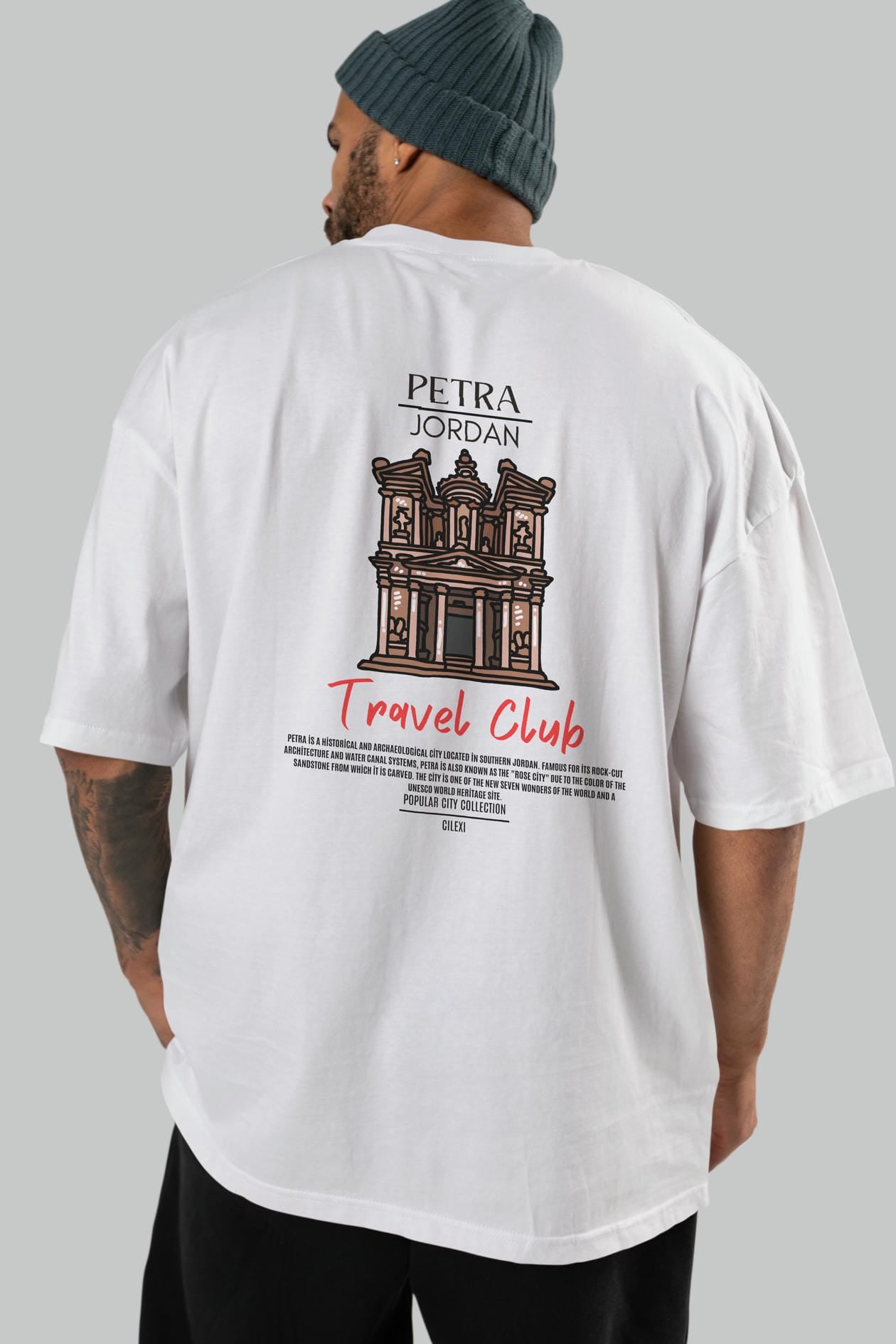 Petra Jordan Arka Baskılı Oversize t-shirt Erkek Kadın Pamuk Bisiklet Yaka tişort