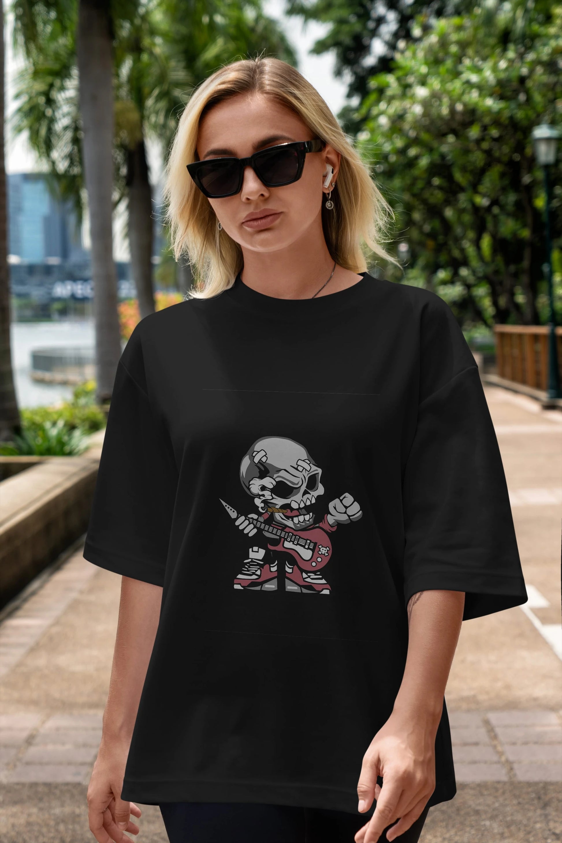 Skull Rockstar Ön Baskılı Oversize t-shirt Erkek Kadın Unisex %100 Pamuk tişort