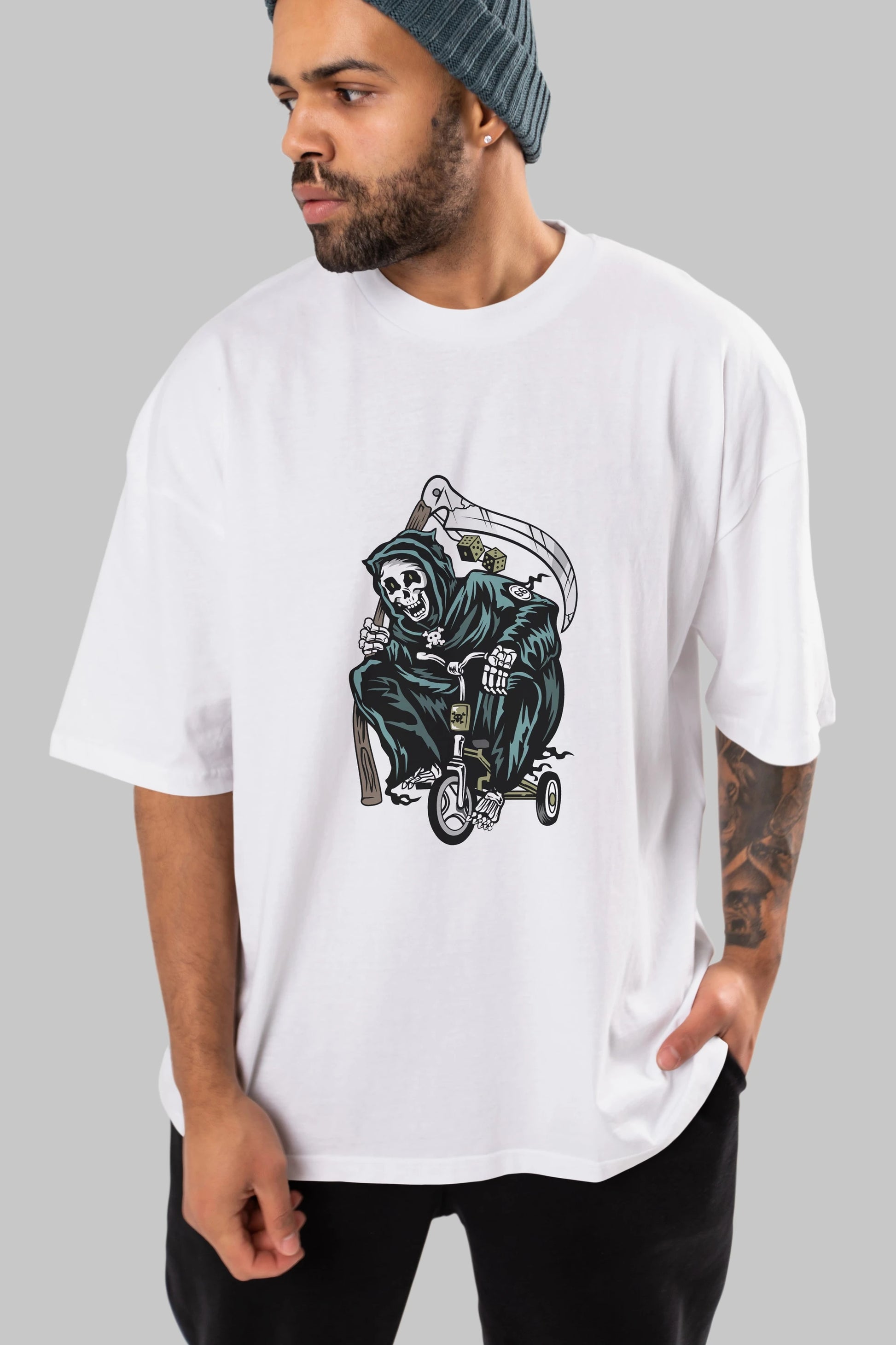 Grim Reaper Bicycle Ön Baskılı Oversize t-shirt Erkek Kadın Unisex %100 Pamuk tişort