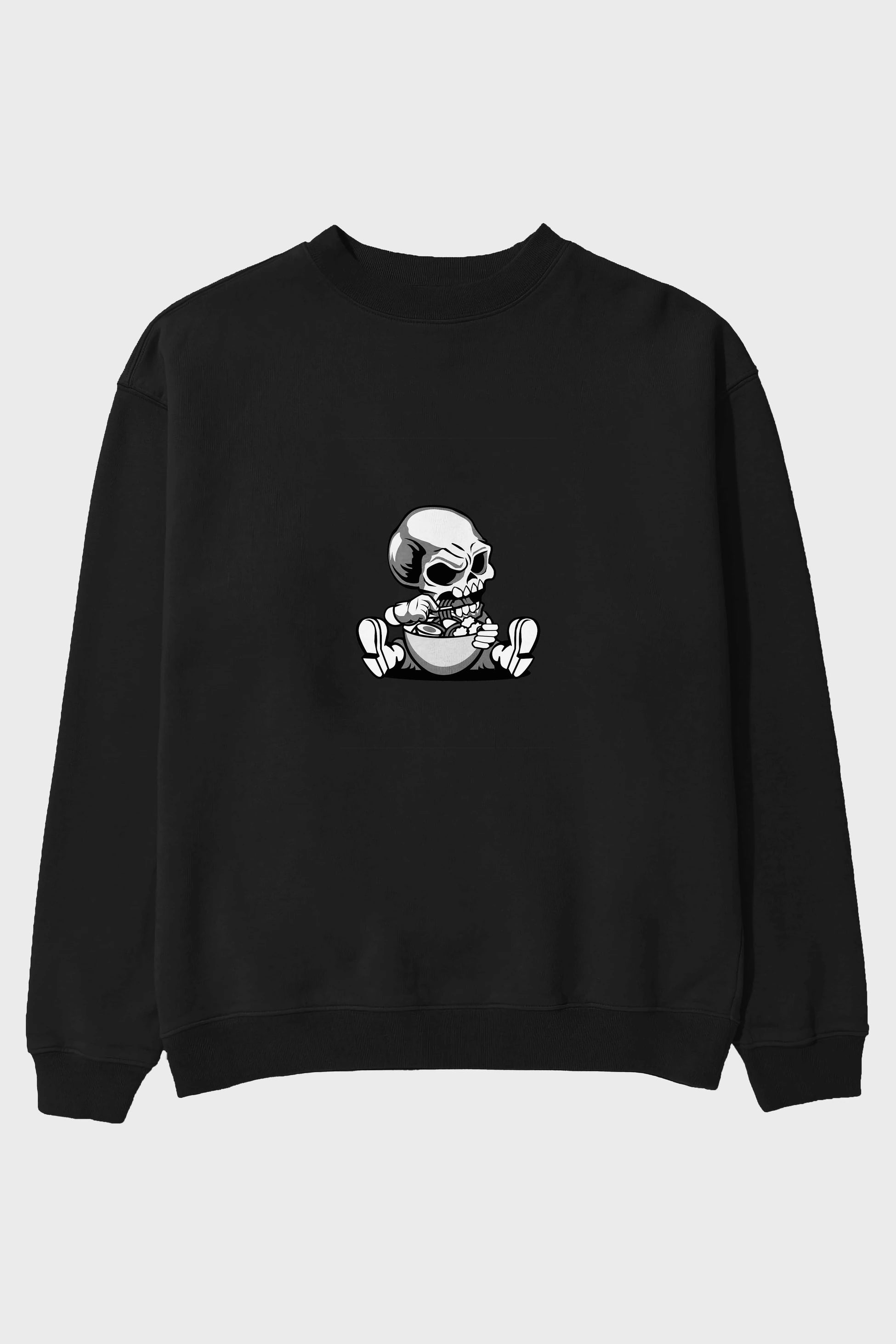 Skull Eat Ramen Ön Baskılı Oversize Sweatshirt Erkek Kadın Unisex