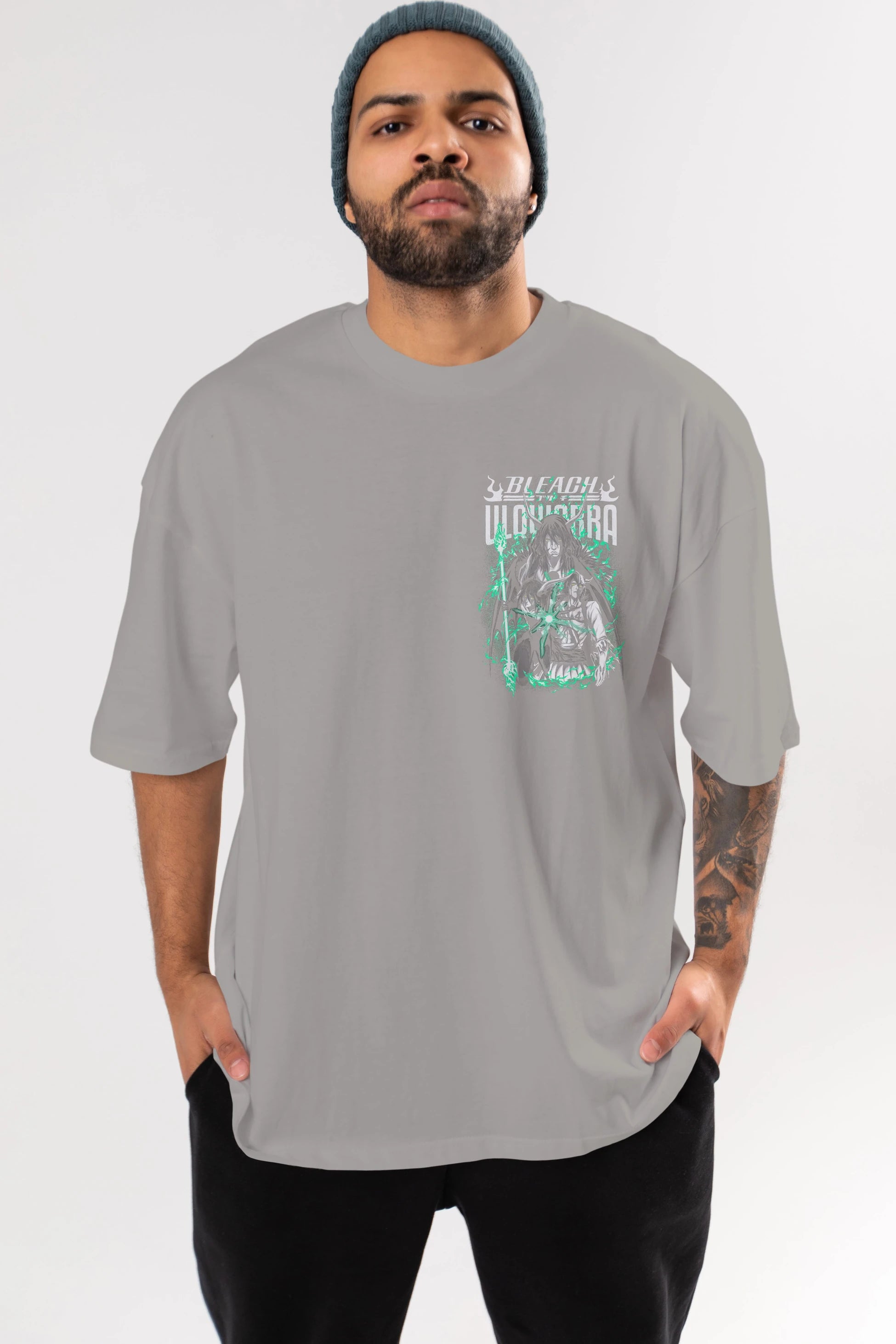 BLEACH(ULQUIARRA) Ön Sol Baskılı Oversize t-shirt Erkek Kadın Unisex %100 Pamuk Bisiklet Yaka tişort