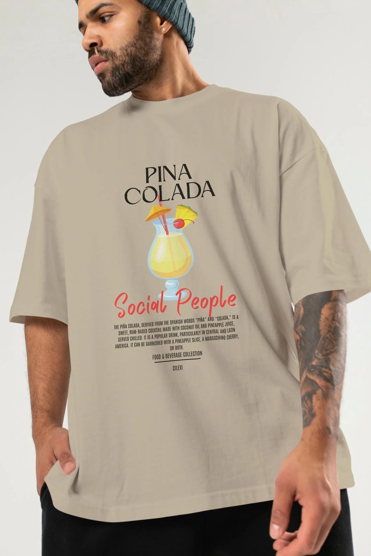 Pına Colada Kokteyl Serisi ön Baskılı Oversize t-shirt Erkek Kadın %100 Pamuk Bisiklet Yaka tişort