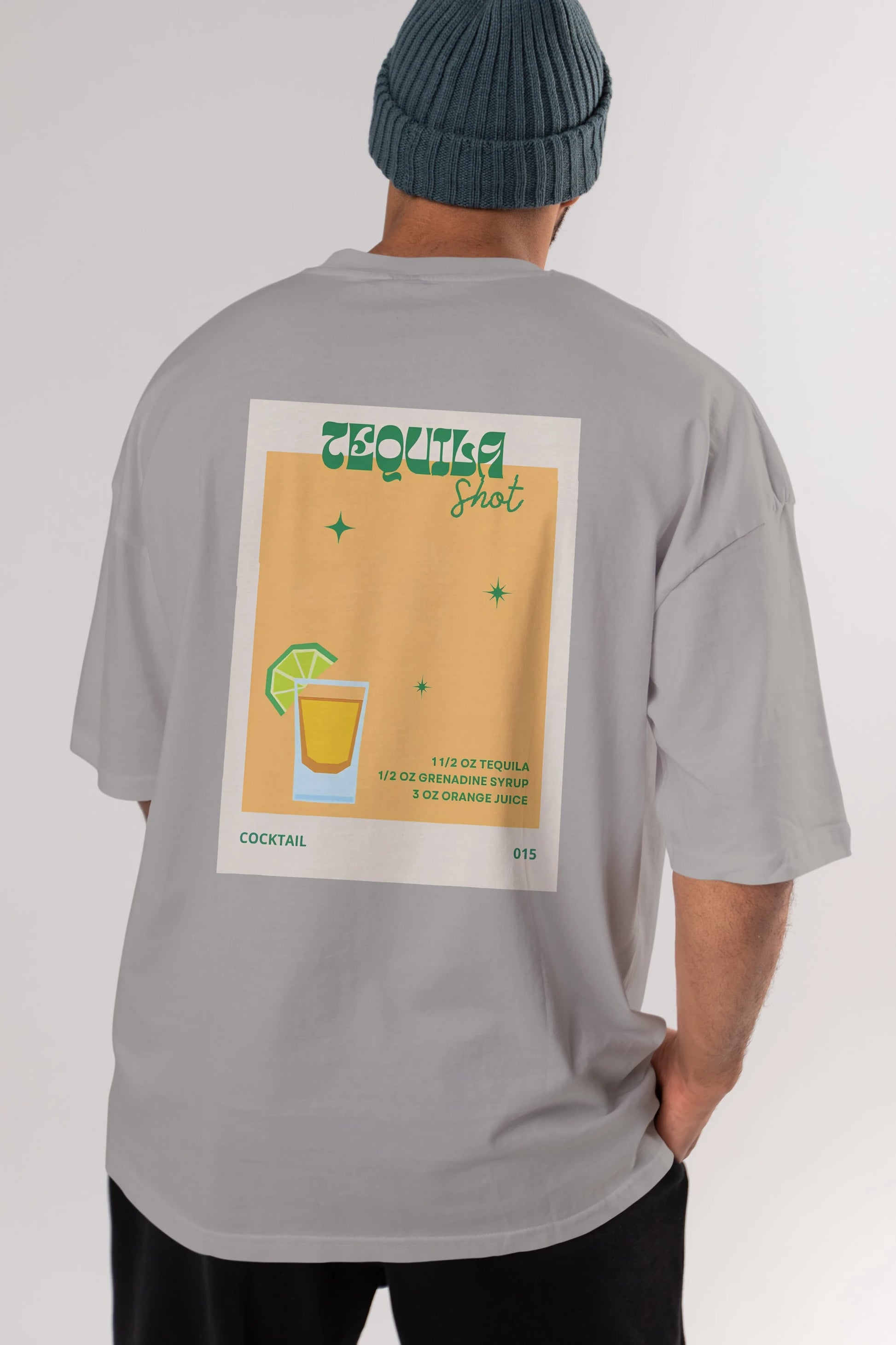 Tequila Shot 2 Arka Baskılı Oversize t-shirt Erkek Kadın Unisex %100 Pamuk Bisiklet Yaka tişort