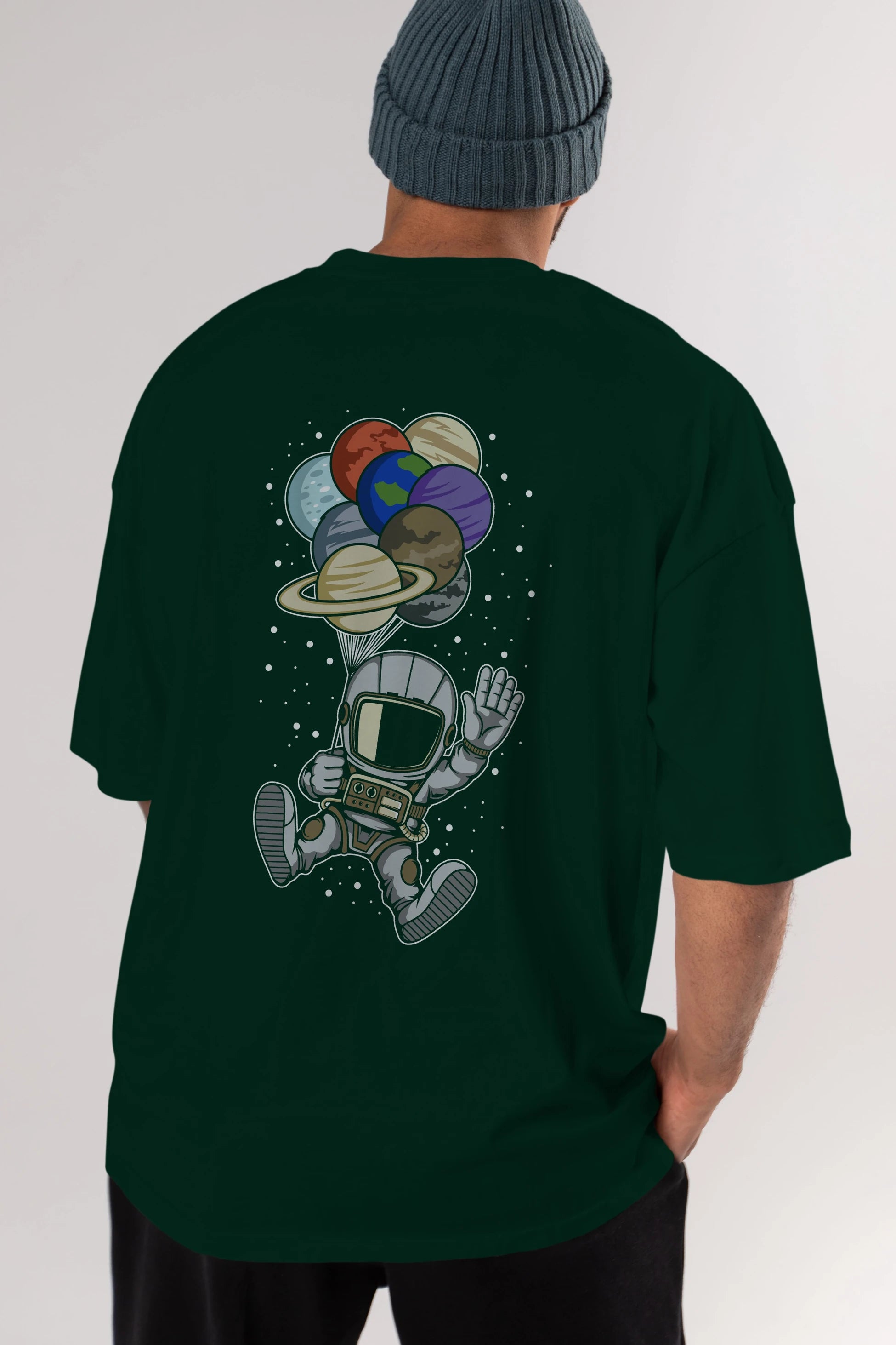 Astronaut Baloon Planets Arka Baskılı Oversize t-shirt Erkek Kadın Unisex
