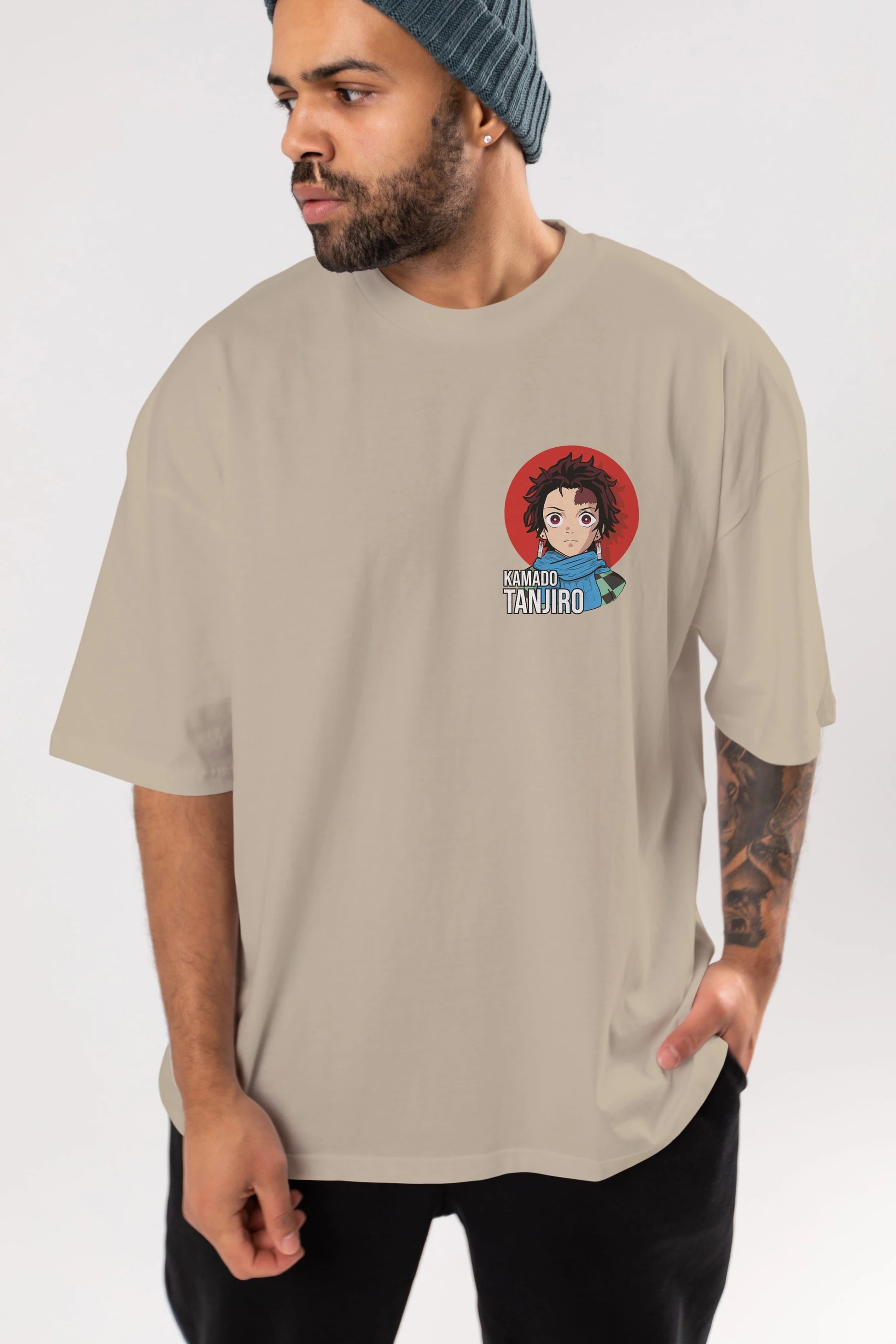TANJIRO KAMADO Ön Sol Baskılı Oversize t-shirt Erkek Kadın Unisex %100 Pamuk Bisiklet Yaka tişort