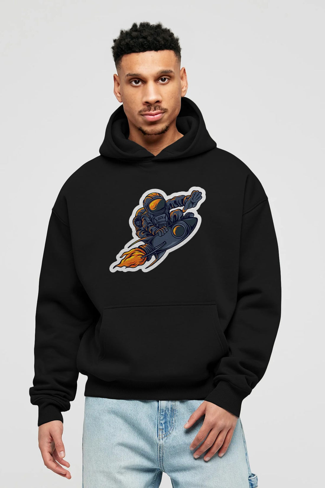 Astrocket Illustration Sticker Ön Baskılı Hoodie Oversize Kapüşonlu Sweatshirt Erkek Kadın Unisex