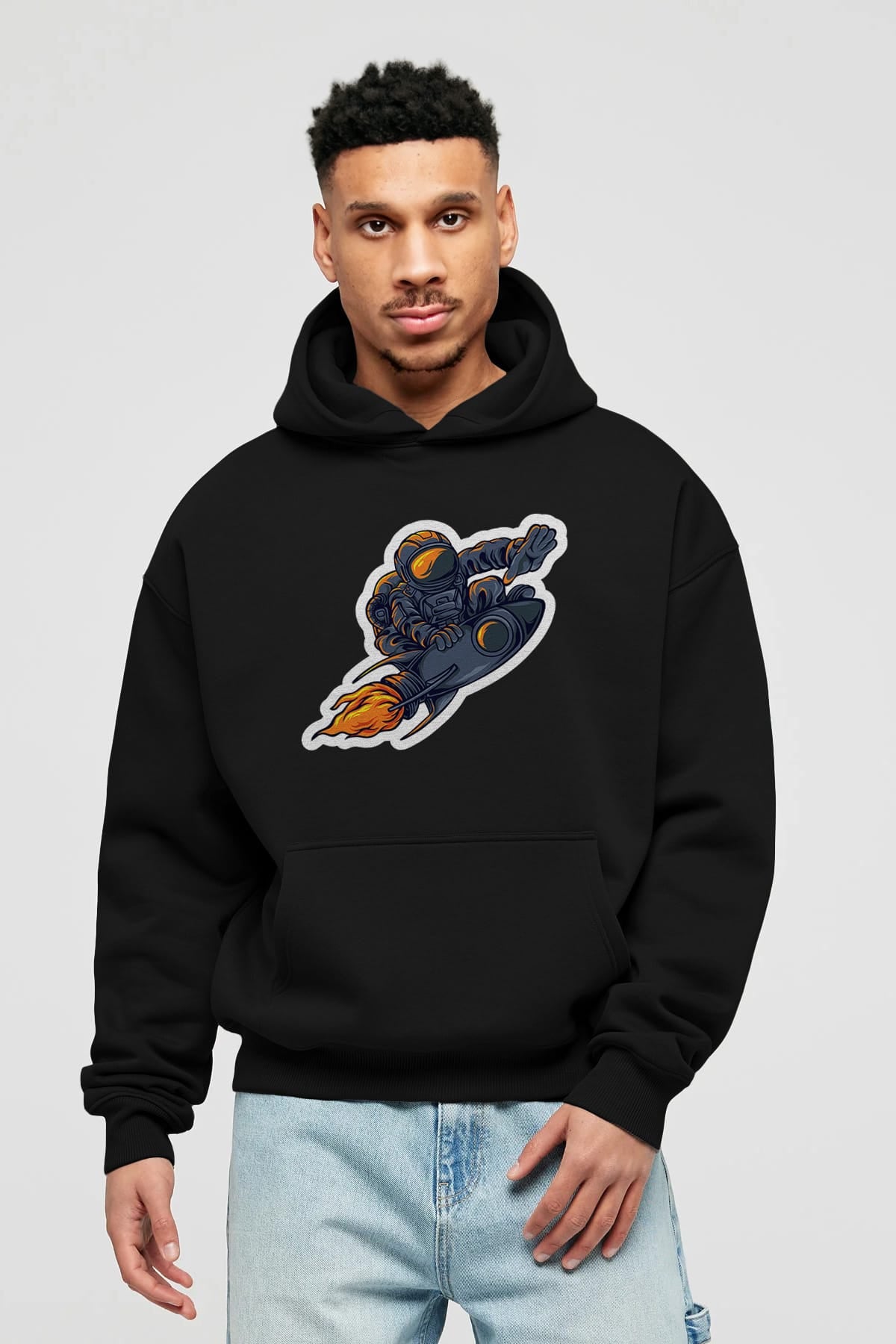 Astrocket Illustration Sticker Ön Baskılı Hoodie Oversize Kapüşonlu Sweatshirt Erkek Kadın Unisex