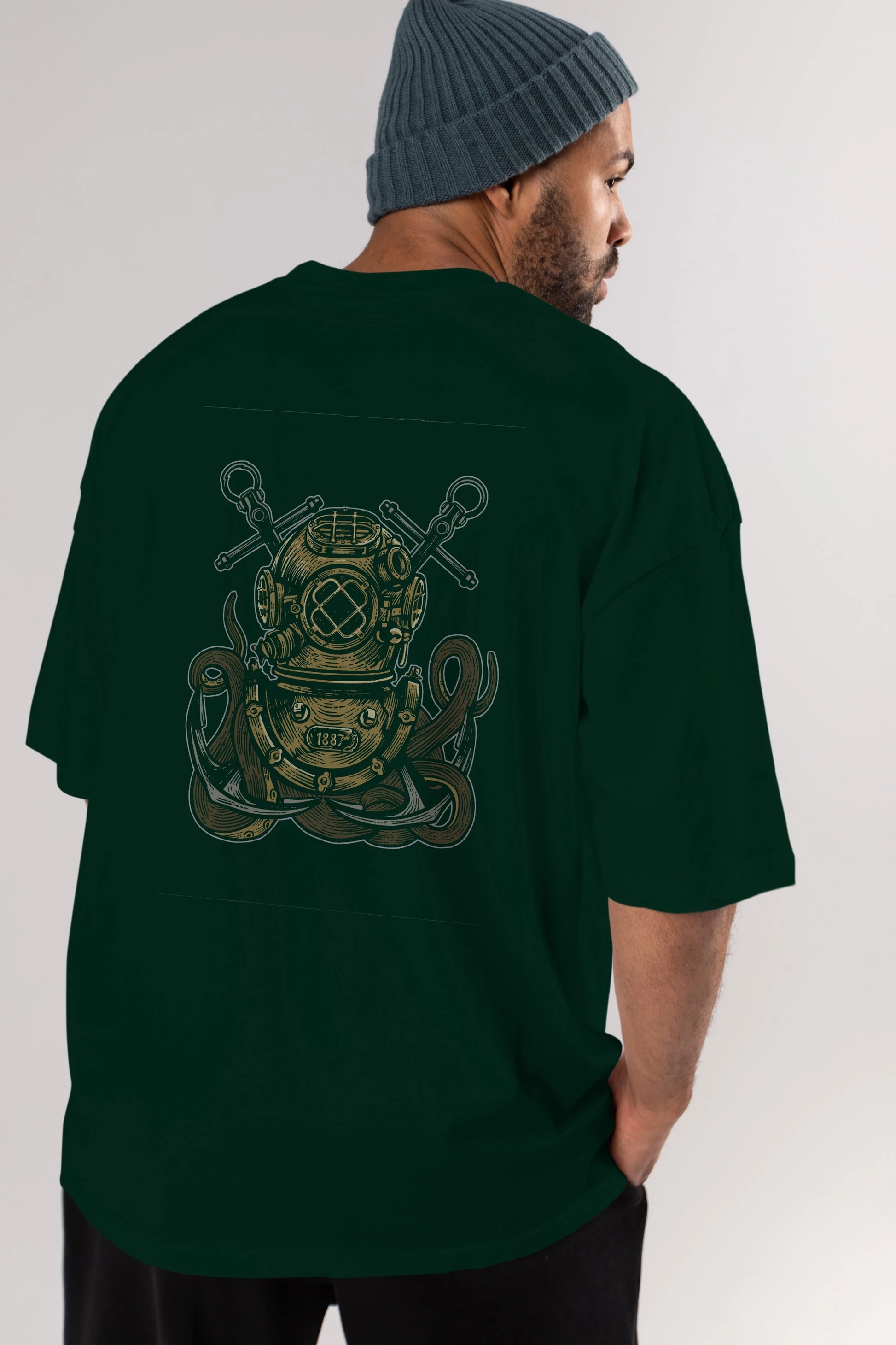 Diver Octopus Arka Baskılı Oversize t-shirt Erkek Kadın Unisex %100 Pamuk