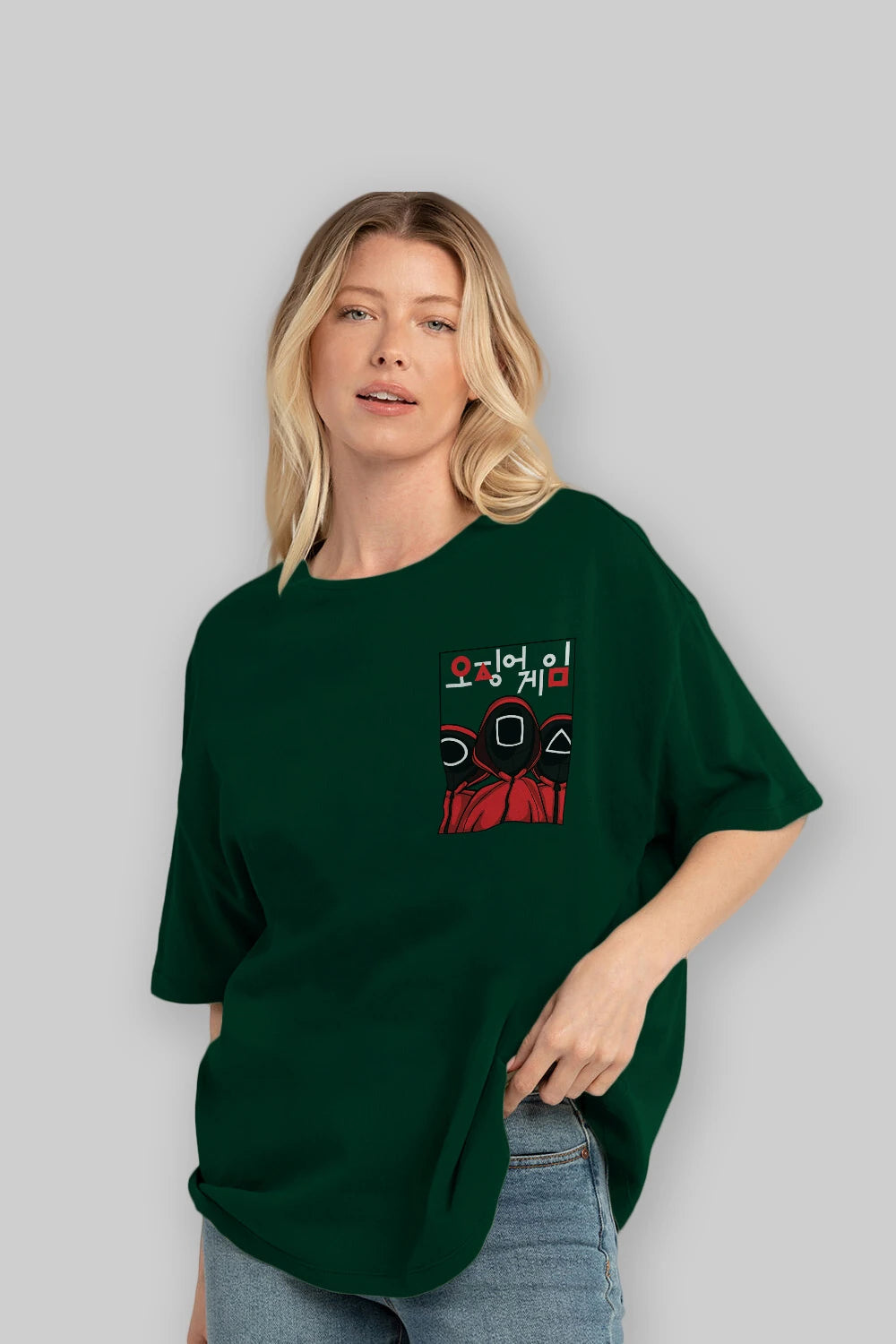 Squid Game (7) Ön Sol Baskılı Oversize t-shirt Erkek Kadın Unisex %100 Pamuk Bisiklet Yaka tişort