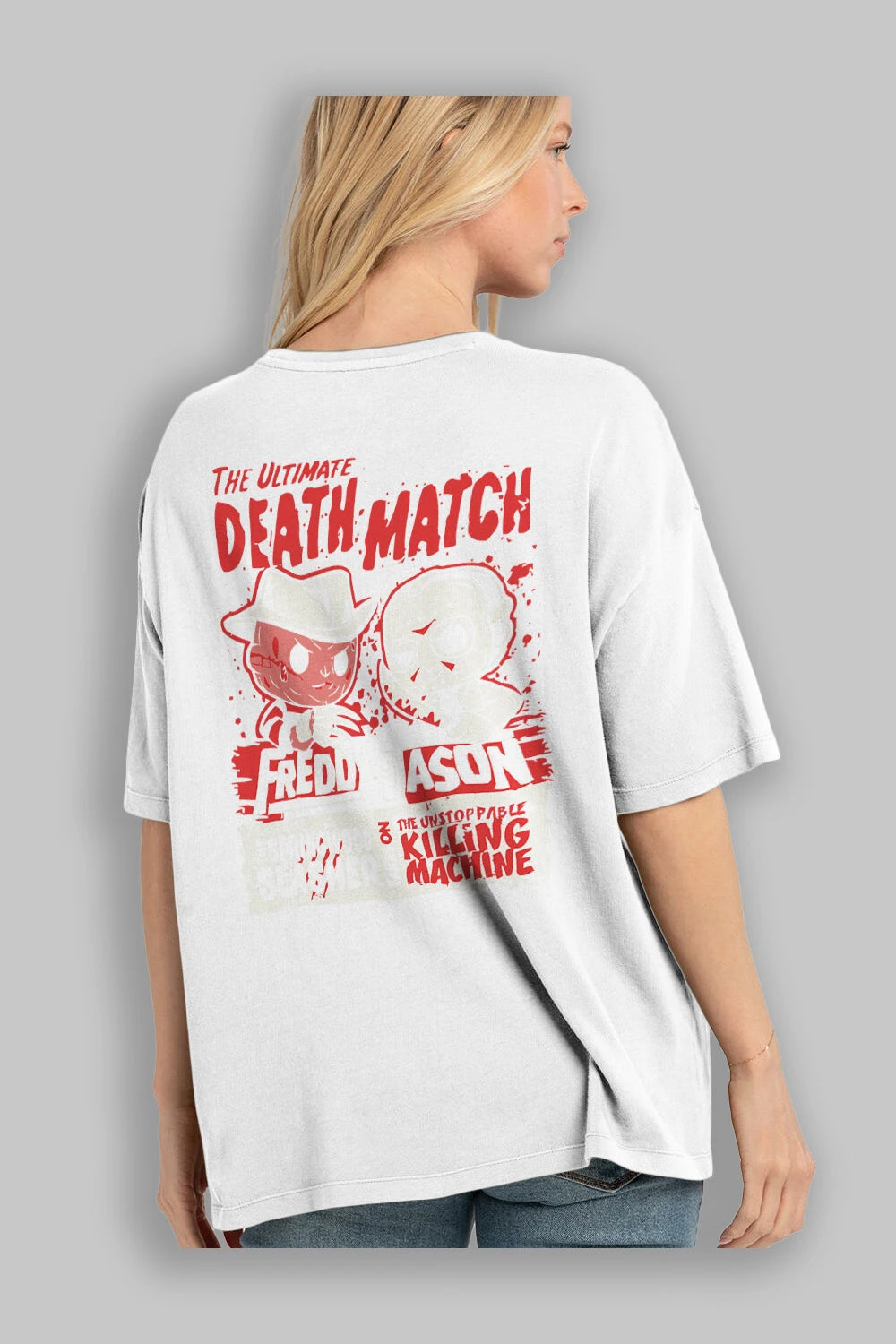 Freddy vs Jason Arka Baskılı Oversize t-shirt Erkek Kadın Unisex %100 Pamuk Bisiklet Yaka tişort