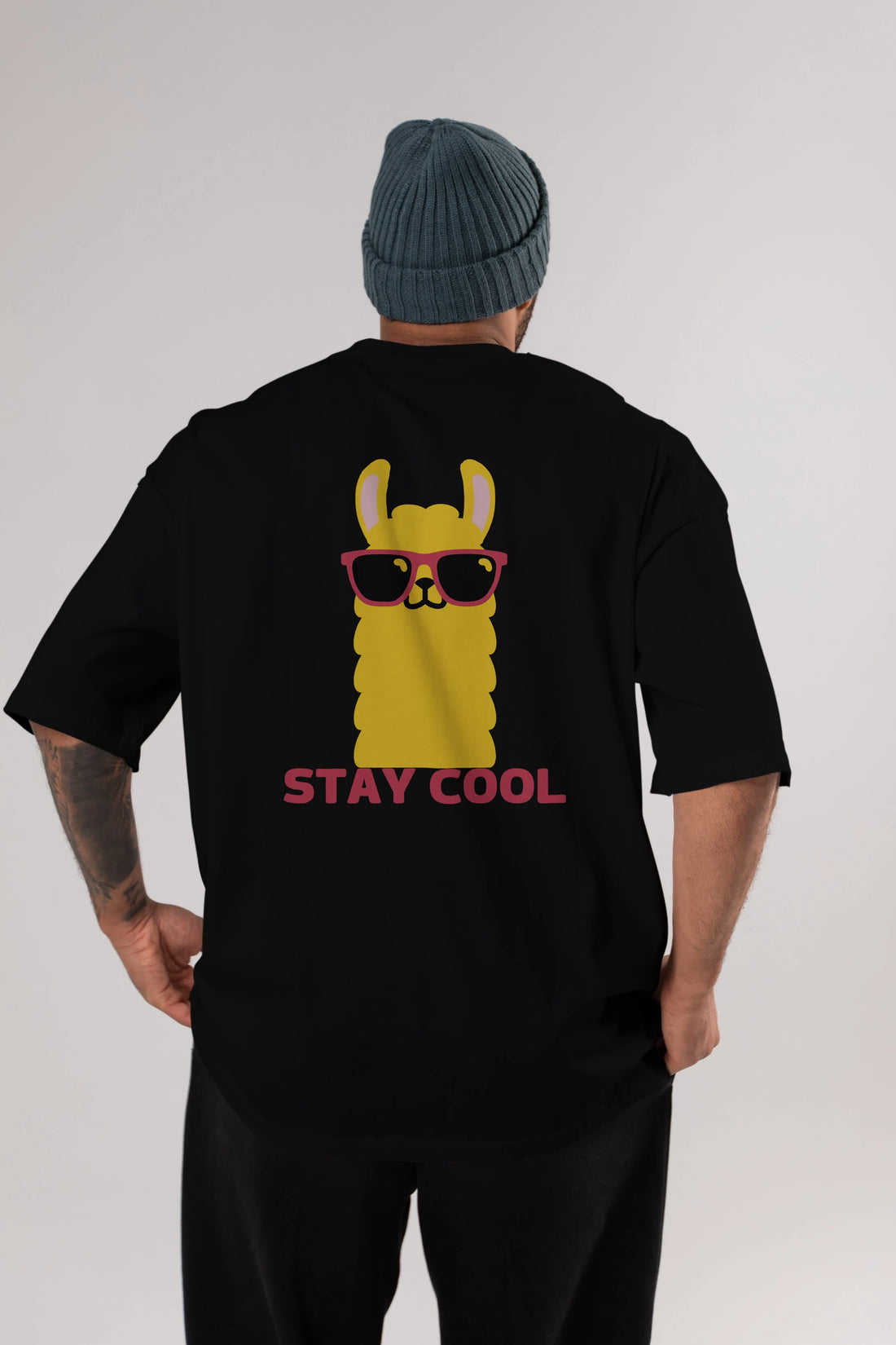 Stay Cool Yazılı Lama Arka Baskılı Oversize t-shirt Erkek Kadın Unisex