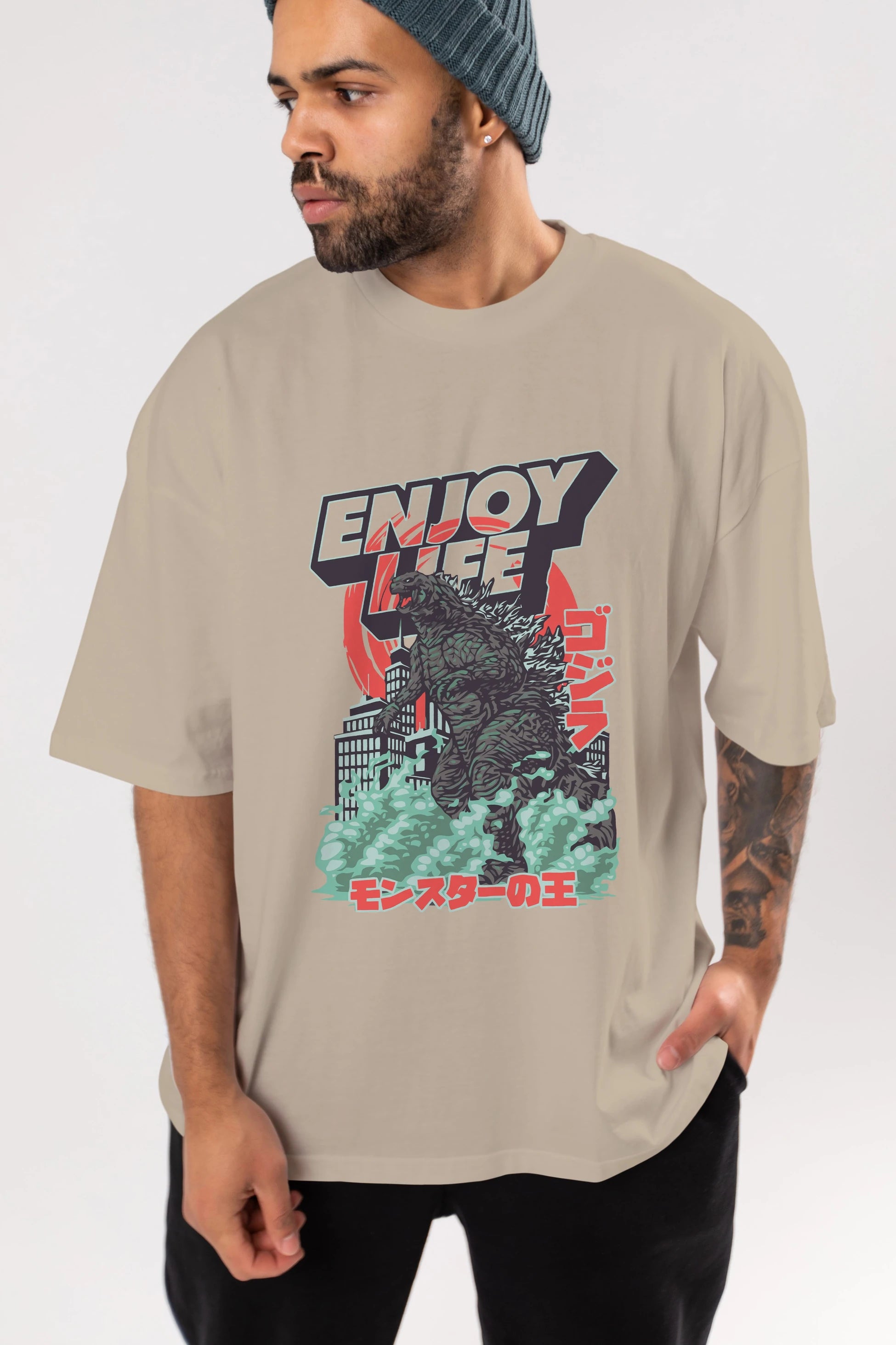 Godzilla Ön Baskılı Oversize t-shirt Erkek Kadın Unisex %100 Pamuk Bisiklet Yaka tişort