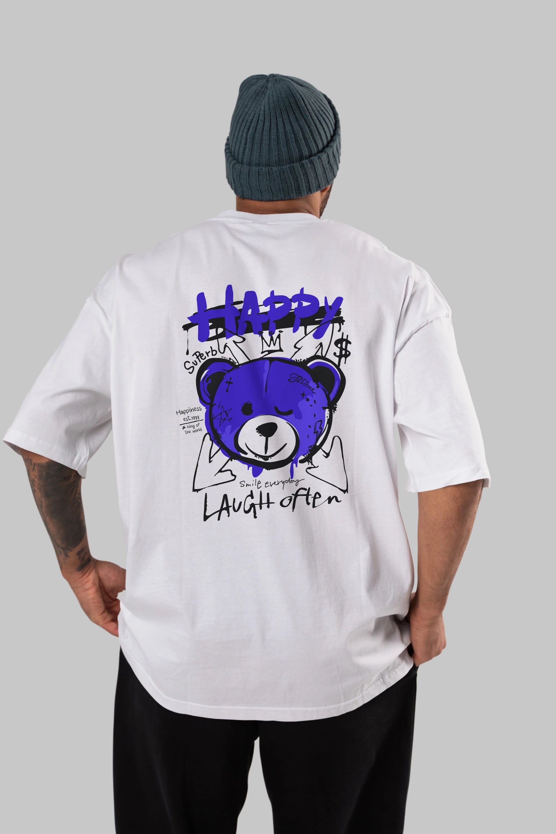 Happy Bear Arka Baskılı Oversize t-shirt Erkek Kadın Unisex