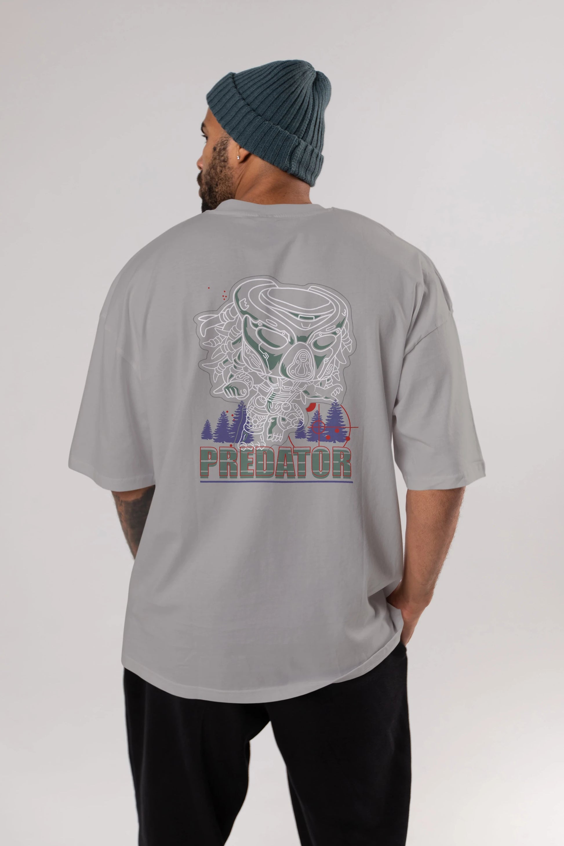 Predator Arka Baskılı Oversize t-shirt Erkek Kadın Unisex %100 Pamuk Bisiklet Yaka tişort