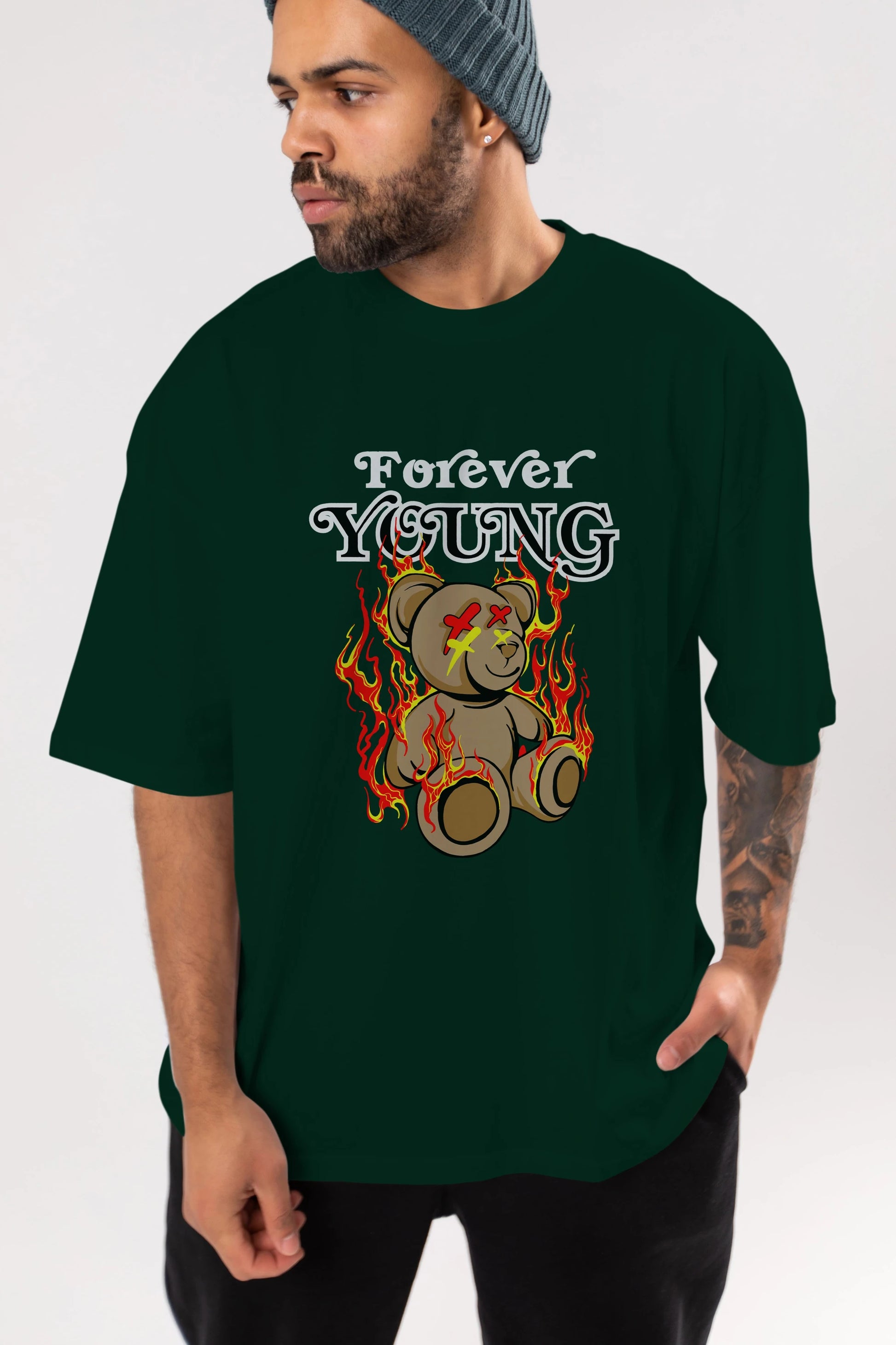 Forever Young Bear Ön Baskılı Oversize t-shirt Erkek Kadın Unisex